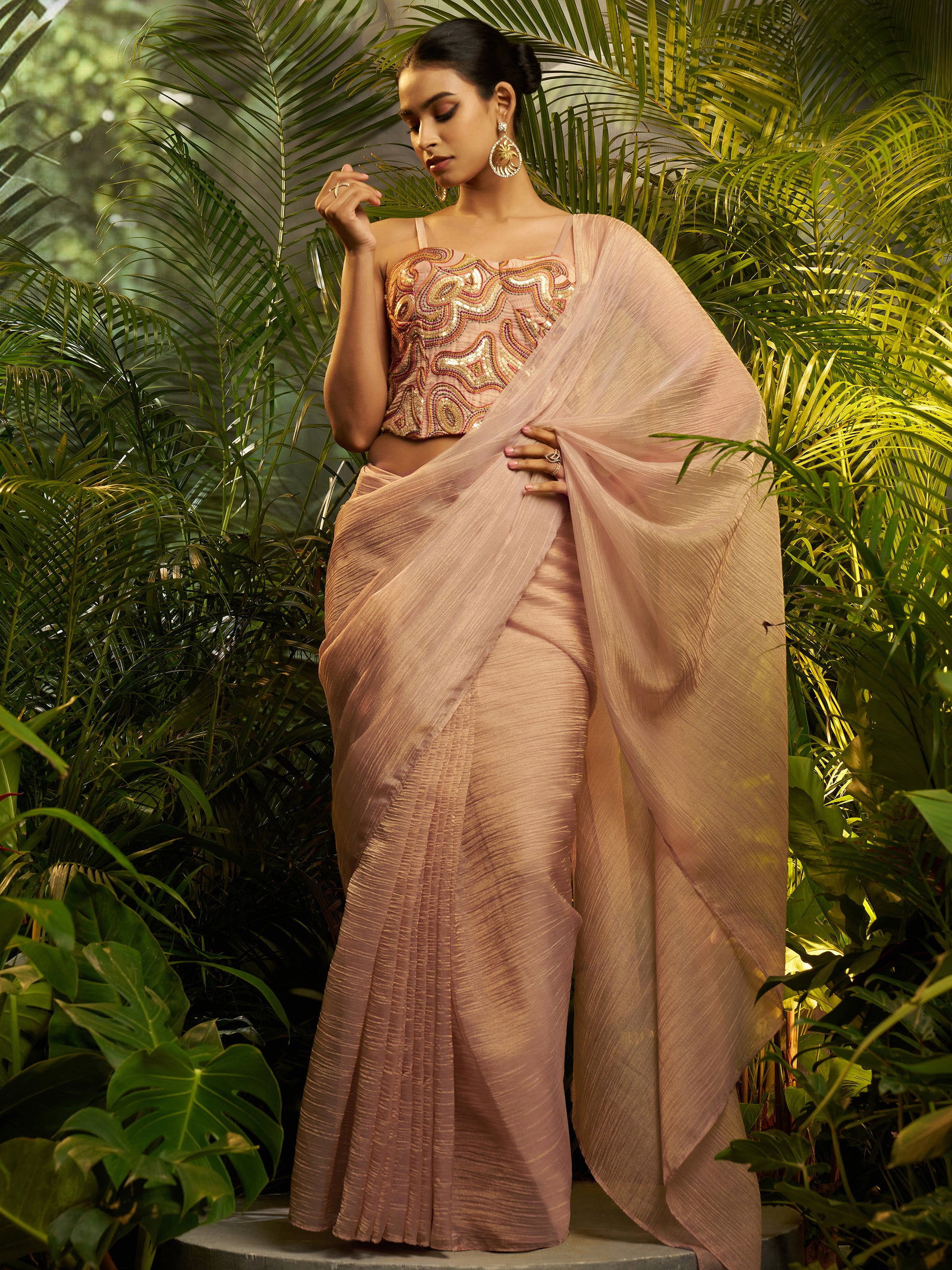 Stylish Peach Embroidery Tissue Reception Wear Saree With Blouse