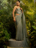 Awesome Grey Sequin Work Tissue Wedding Wear Saree With Blouse