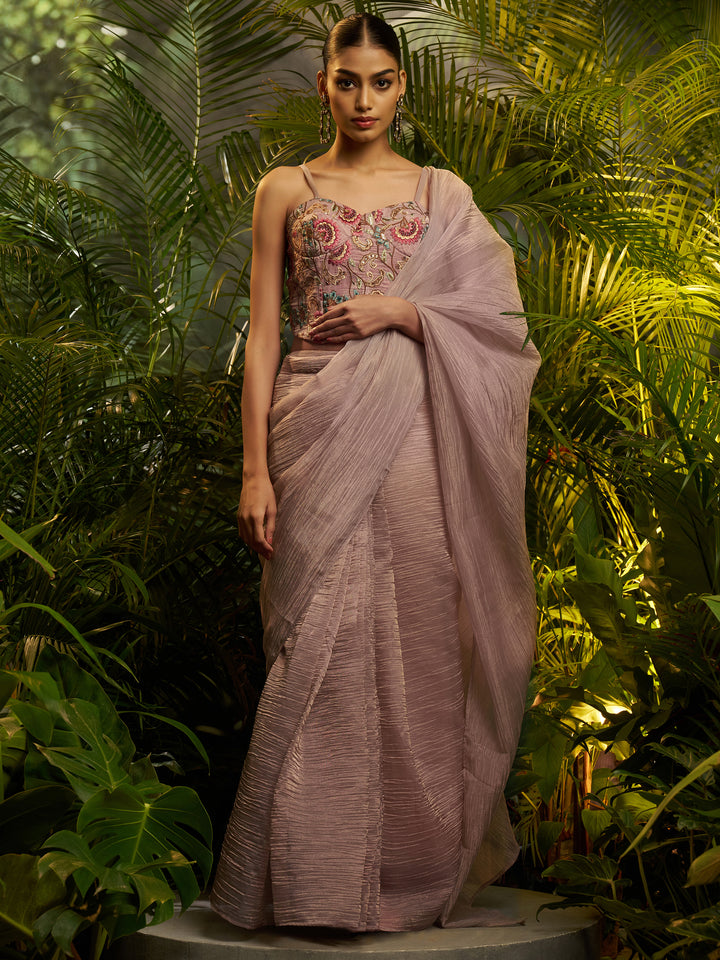 Impressive Mauve Floral Embroidered Tissue Party Wear Saree With Blouse