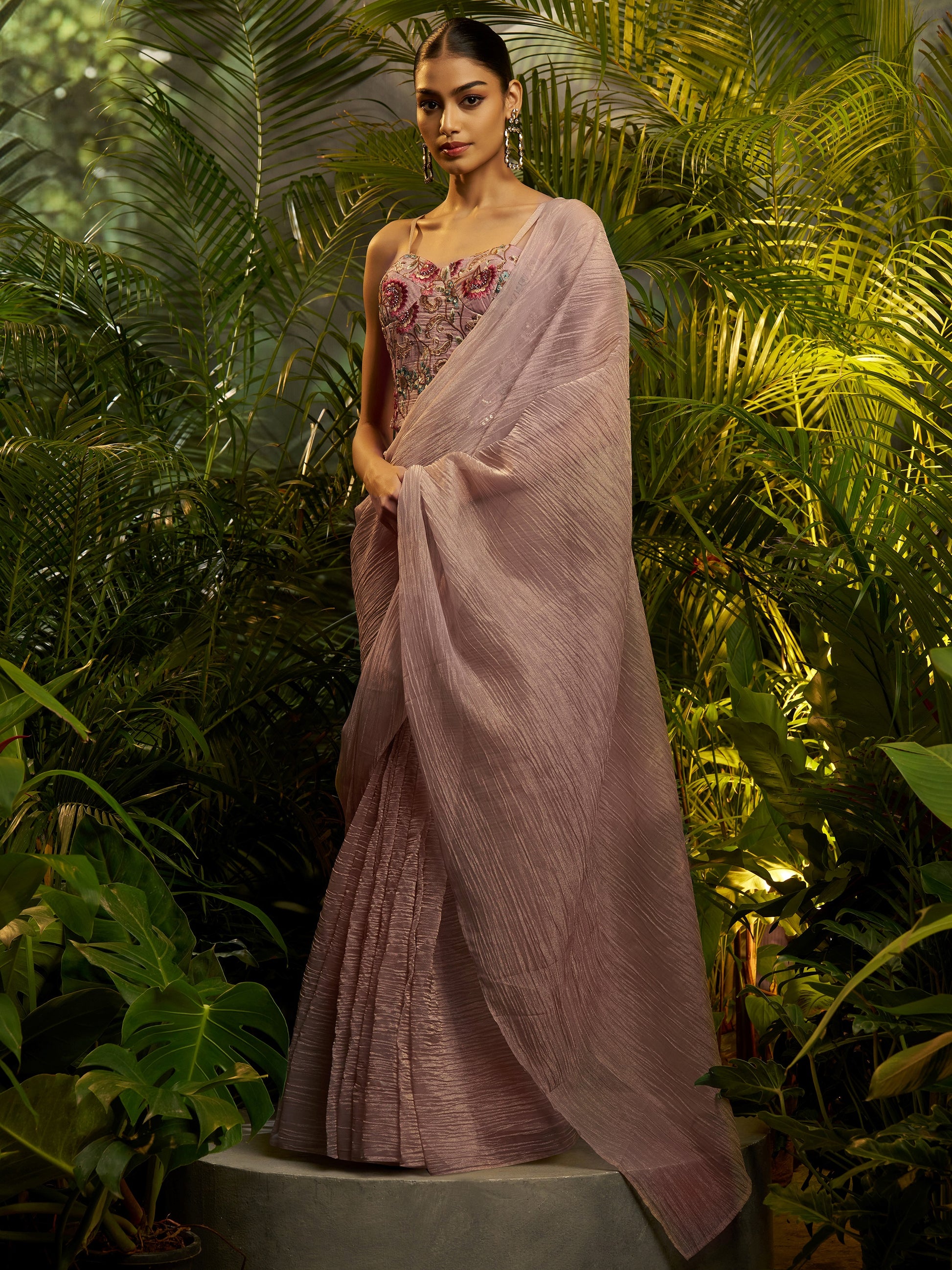 Impressive Mauve Floral Embroidered Tissue Party Wear Saree With Blouse