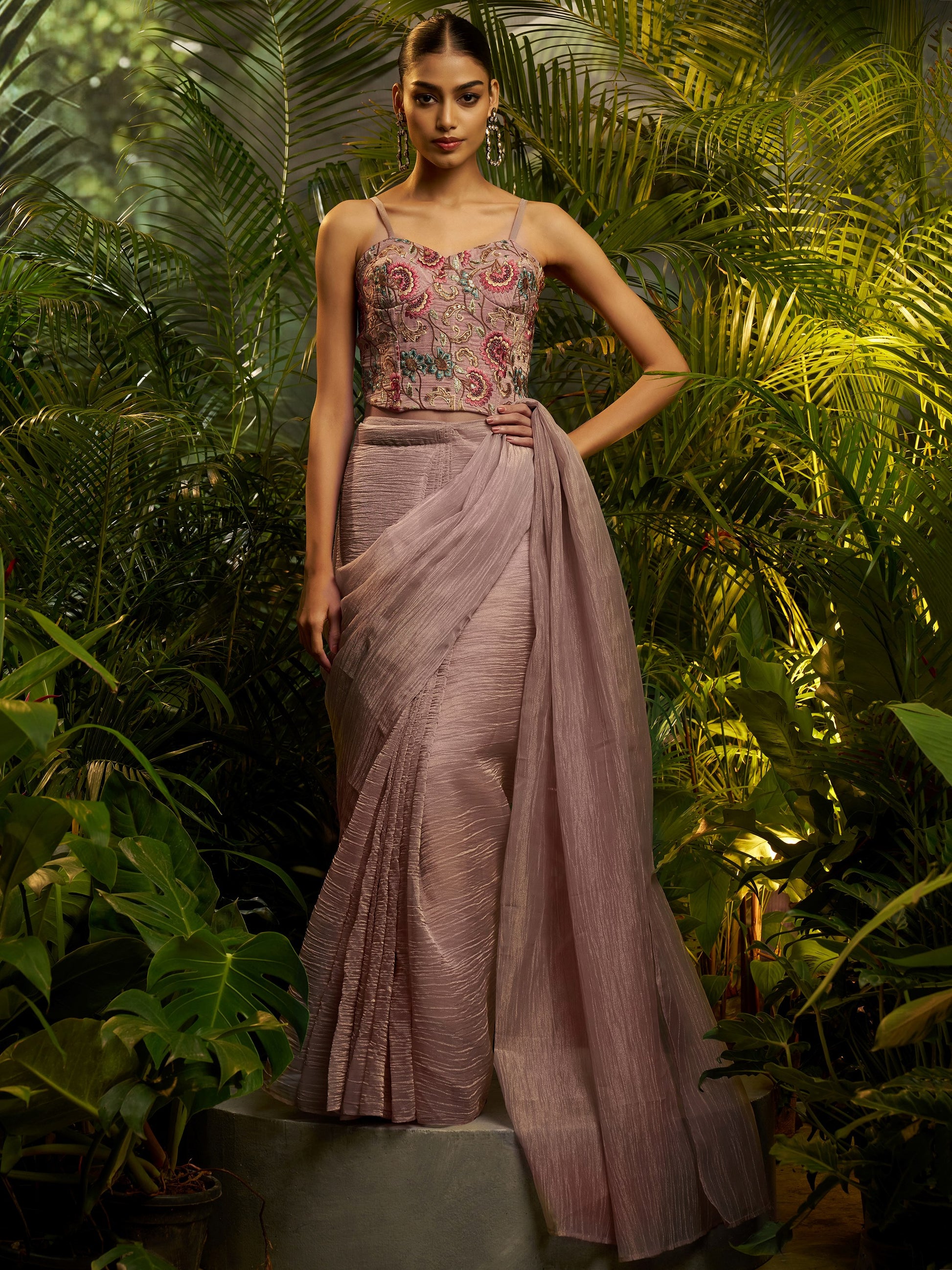 Impressive Mauve Floral Embroidered Tissue Party Wear Saree With Blouse