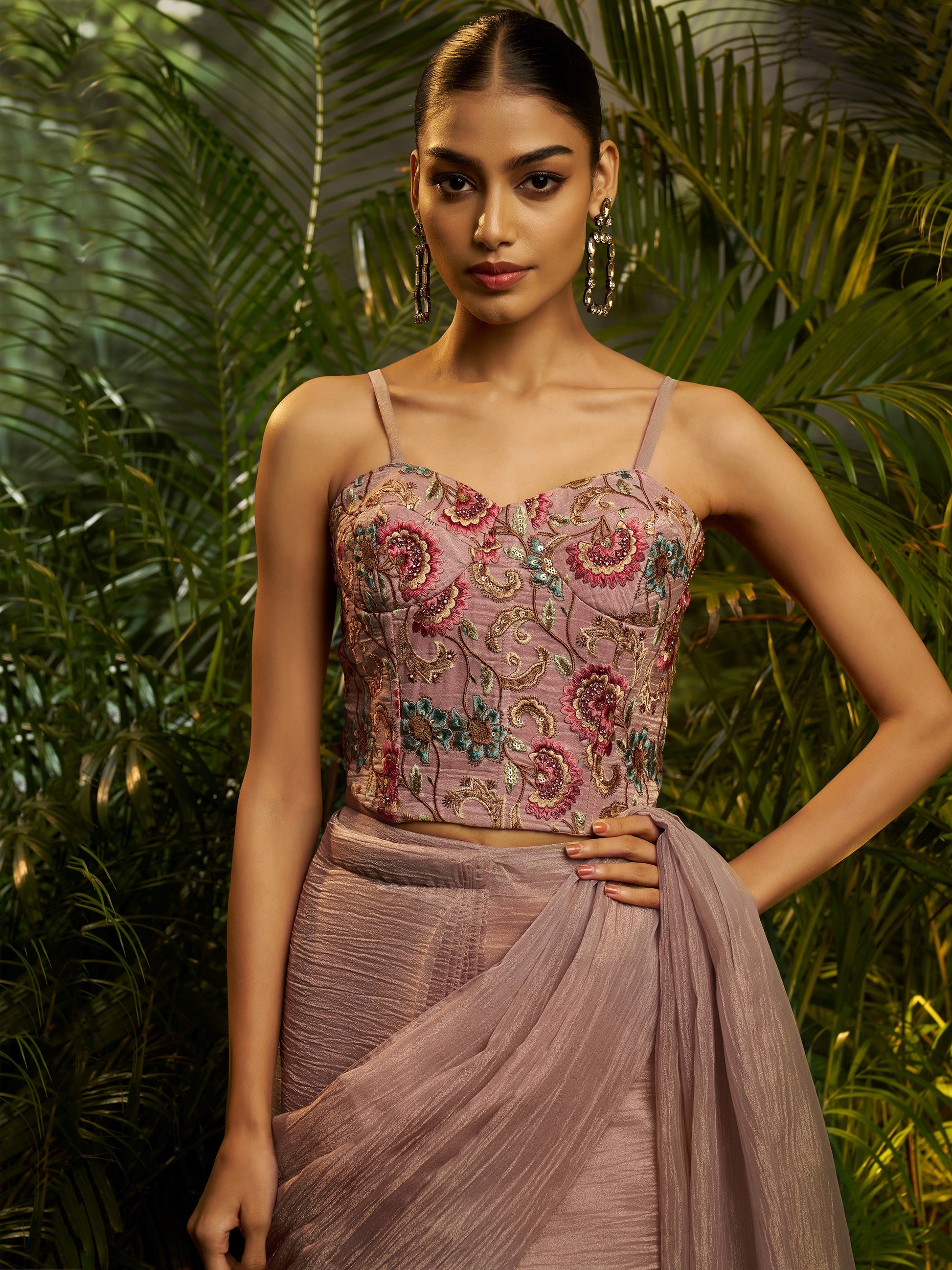 Impressive Mauve Floral Embroidered Tissue Party Wear Saree With Blouse