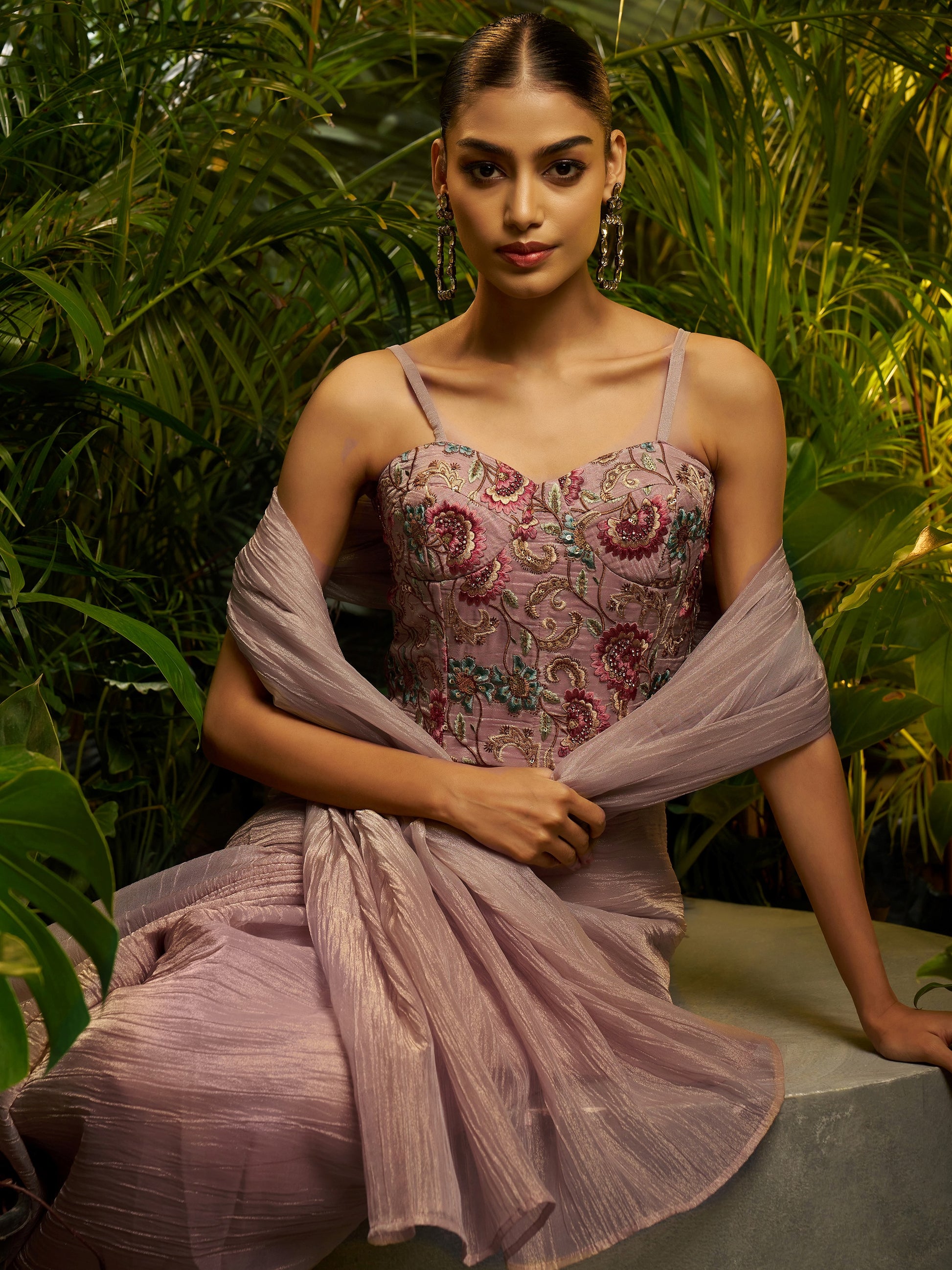 Impressive Mauve Floral Embroidered Tissue Party Wear Saree With Blouse