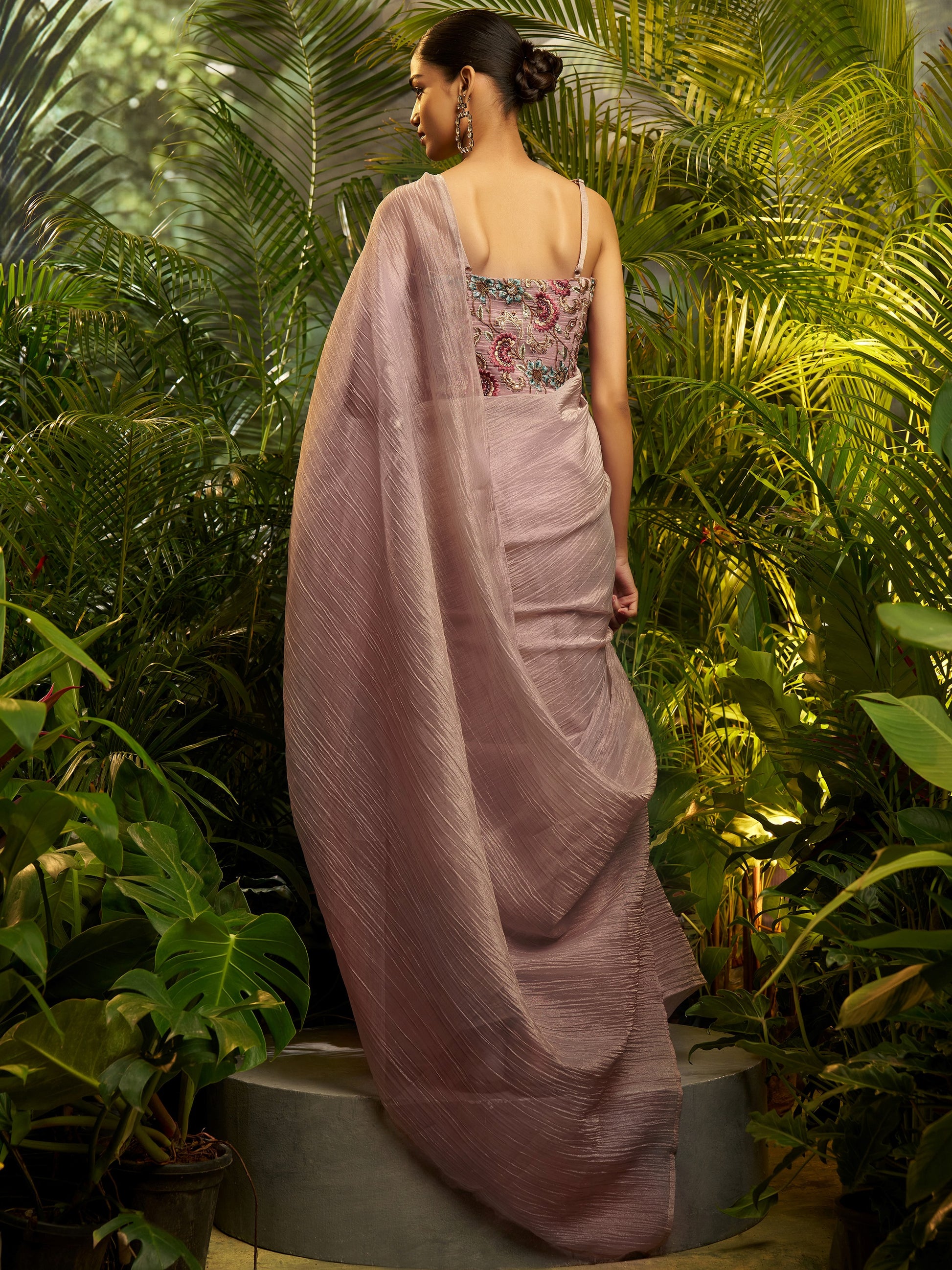 Impressive Mauve Floral Embroidered Tissue Party Wear Saree With Blouse