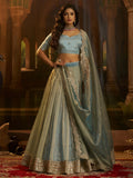 Great Turquoise Sequins Work Organza Traditional Lehenga With Blouse