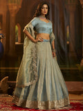 Great Turquoise Sequins Work Organza Traditional Lehenga With Blouse