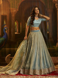 Great Turquoise Sequins Work Organza Traditional Lehenga With Blouse