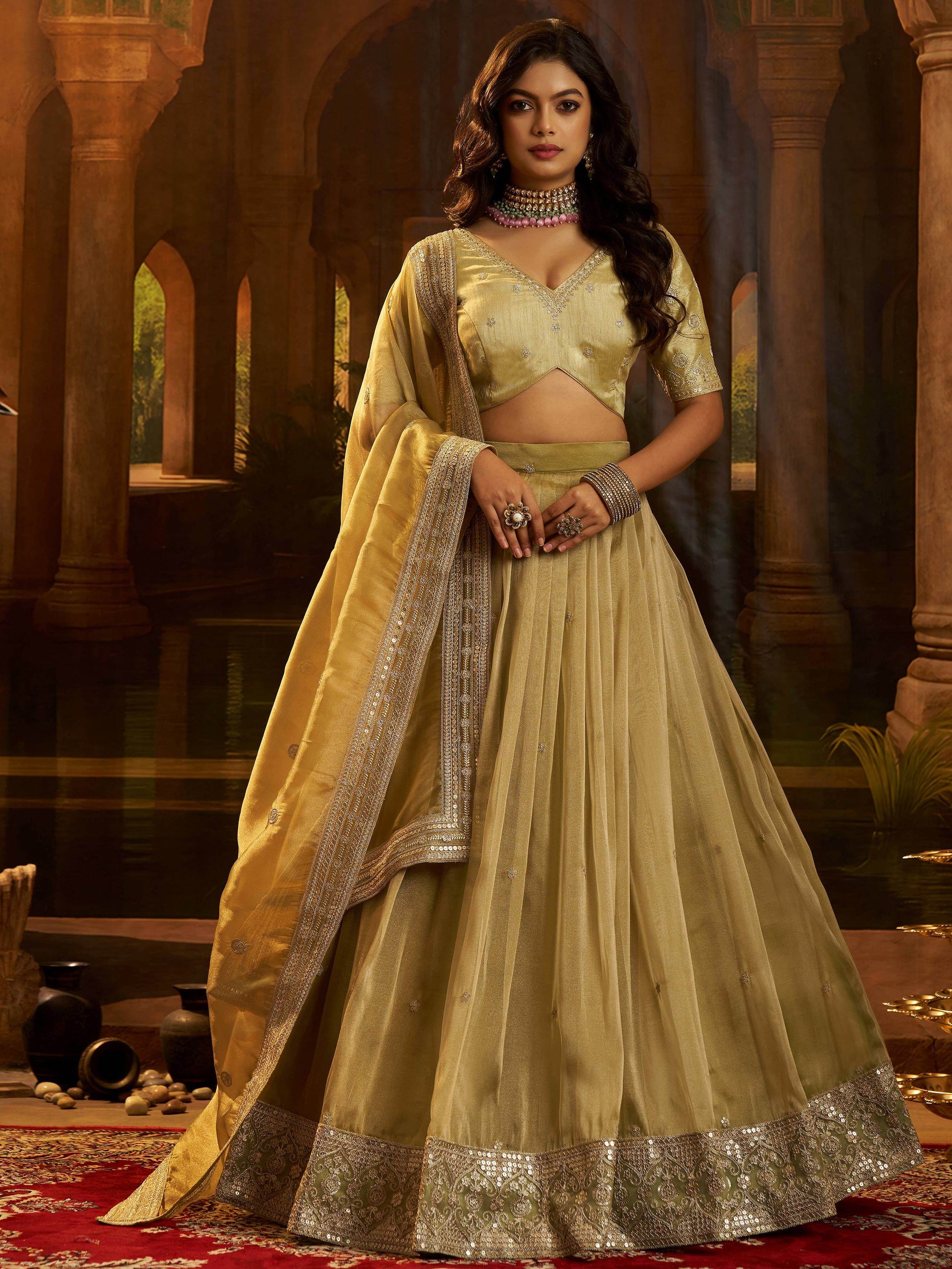 Incredible Golden Zari Work Organza Sangeet Wear Lehenga Choli