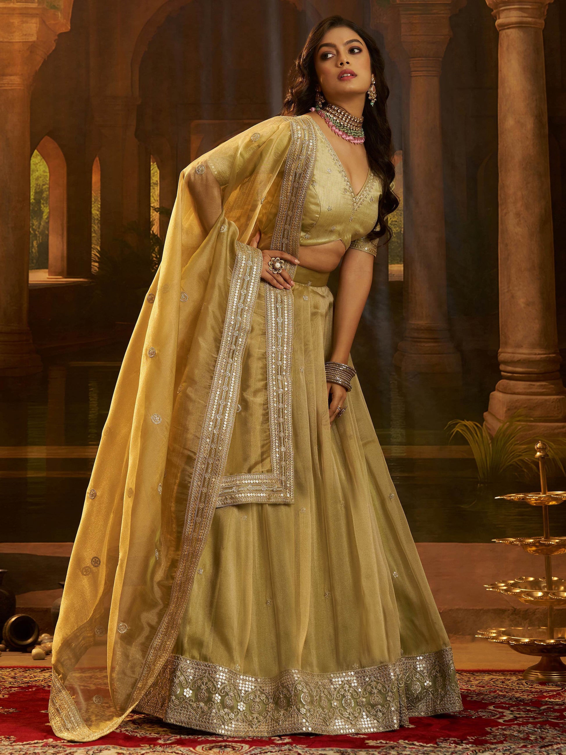 Incredible Golden Zari Work Organza Sangeet Wear Lehenga Choli