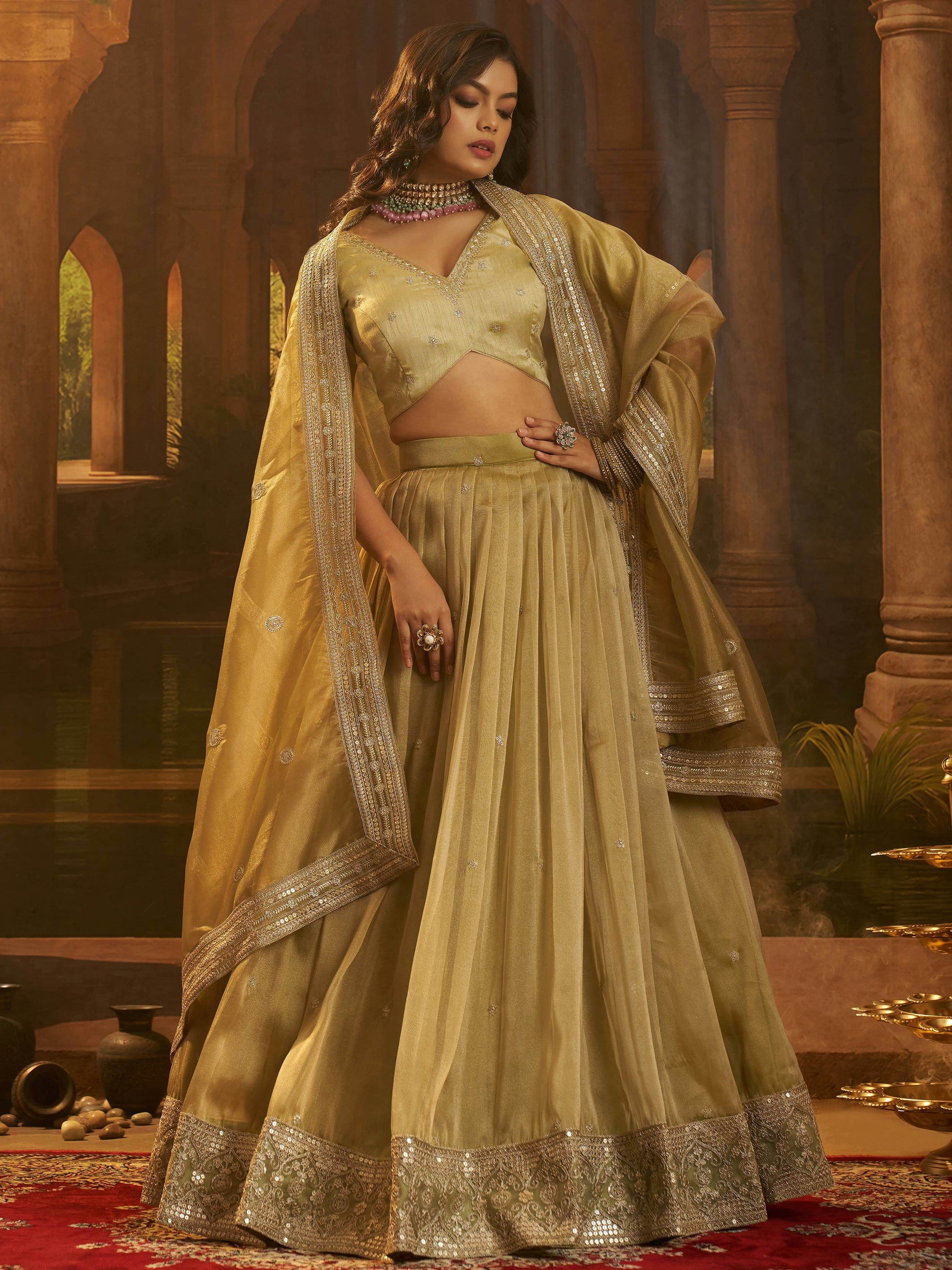 Incredible Golden Zari Work Organza Sangeet Wear Lehenga Choli