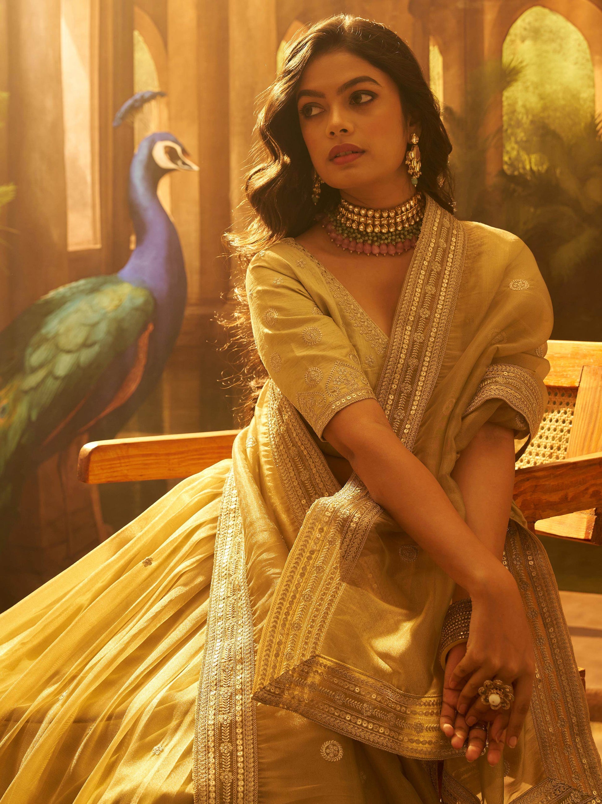 Incredible Golden Zari Work Organza Sangeet Wear Lehenga Choli