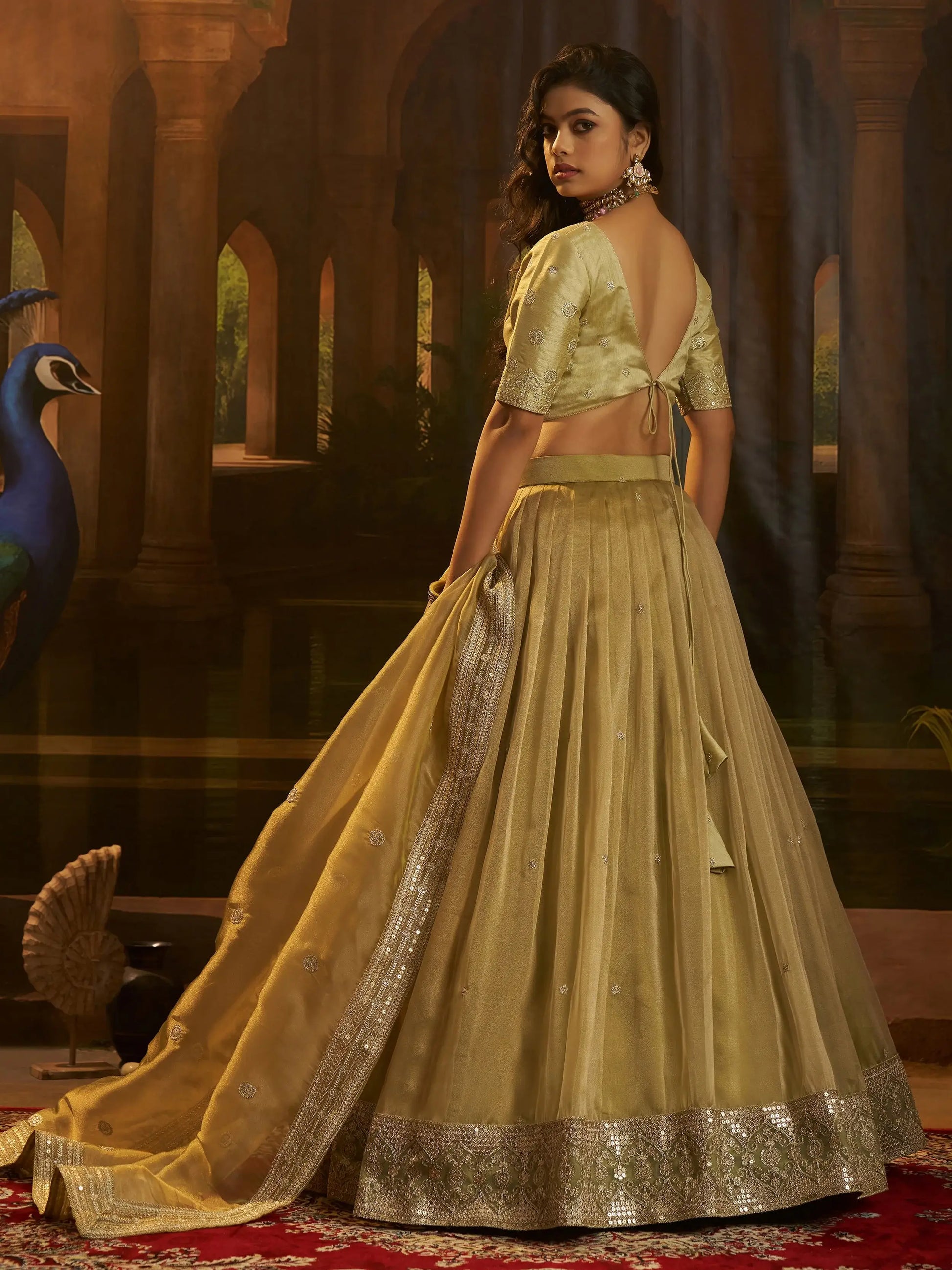 Incredible Golden Zari Work Organza Sangeet Wear Lehenga Choli