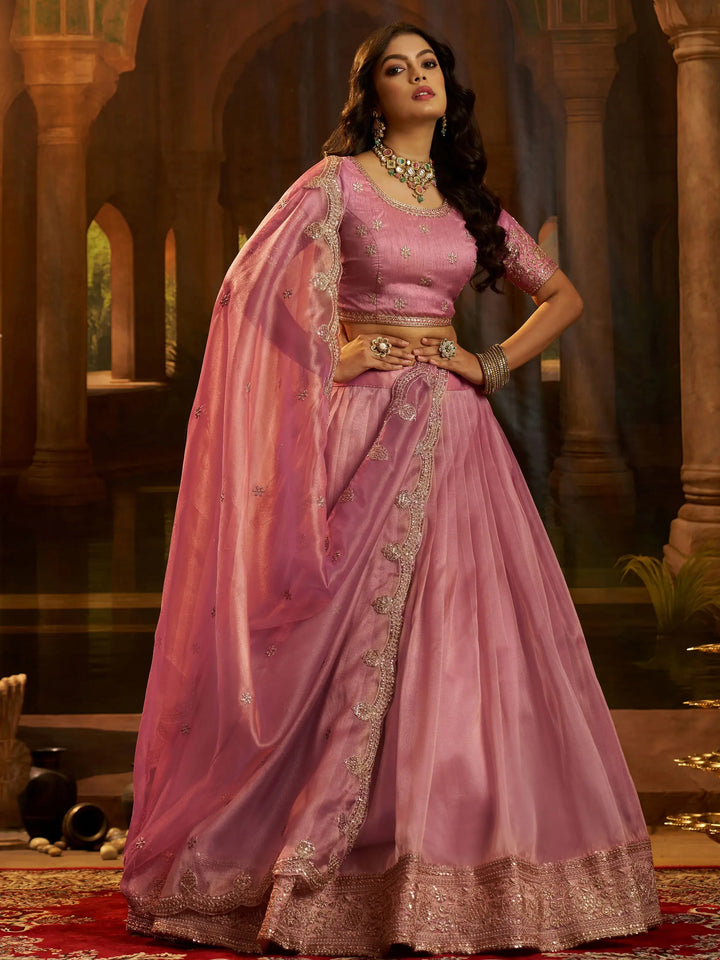 Dazzling Pink Dori Work Organza Engagement Wear Lehenga Choli With Dupatta