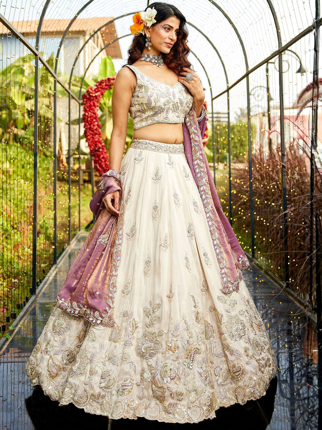 Glowing Cream Dori Work Tissue Weddings Wear Lehenga Choli With Dupatta