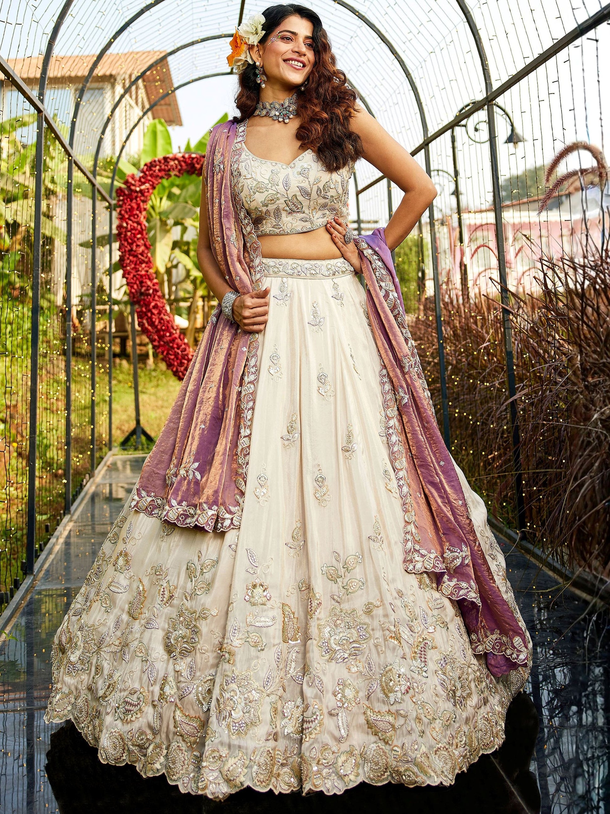 Glowing Cream Dori Work Tissue Weddings Wear Lehenga Choli With Dupatta