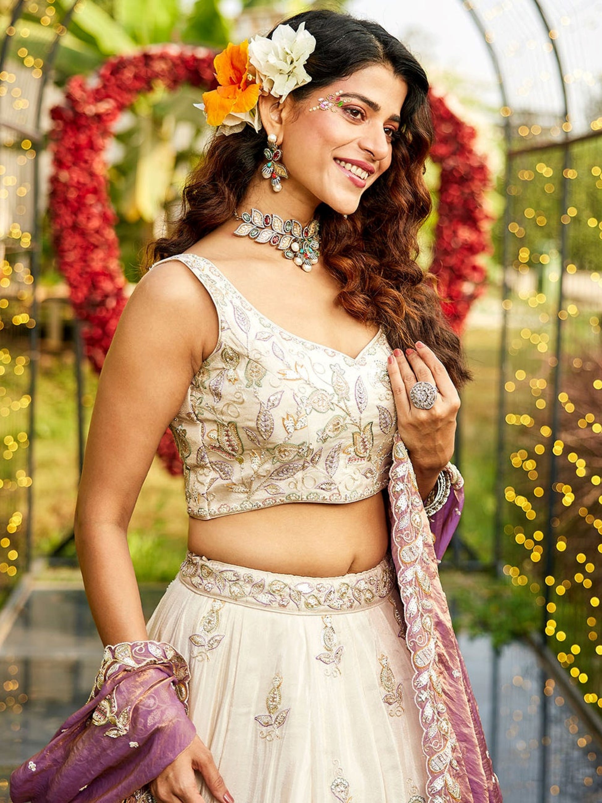 Glowing Cream Dori Work Tissue Weddings Wear Lehenga Choli With Dupatta