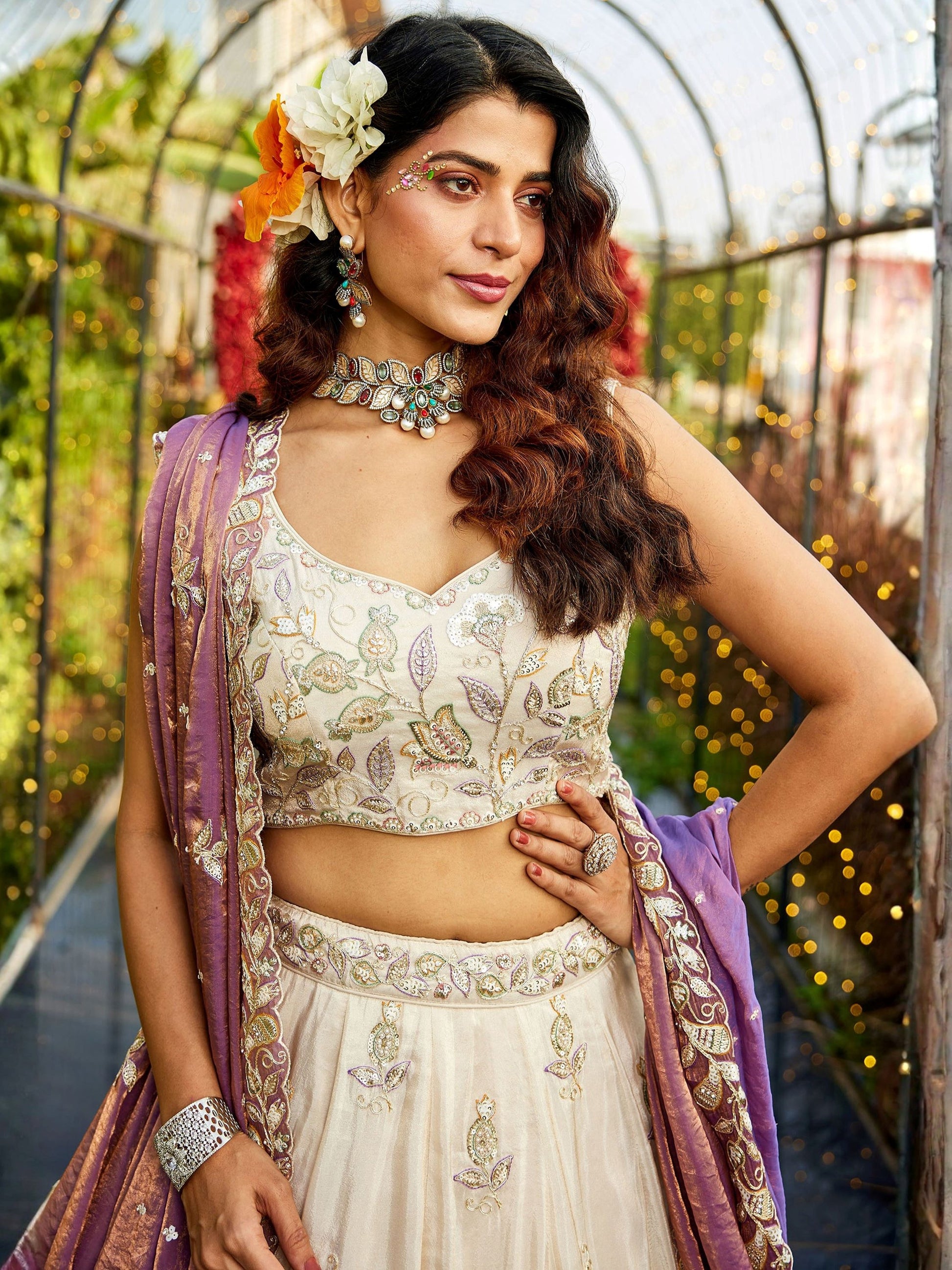 Glowing Cream Dori Work Tissue Weddings Wear Lehenga Choli With Dupatta