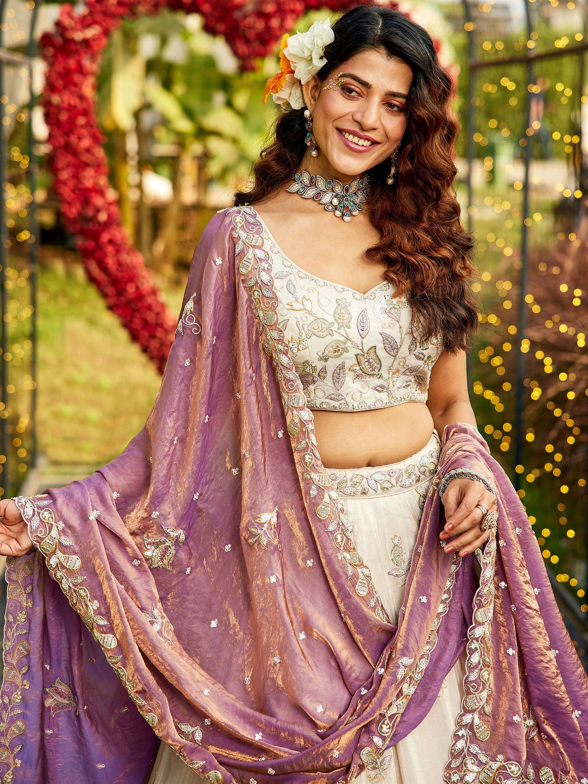 Glowing Cream Dori Work Tissue Weddings Wear Lehenga Choli With Dupatta