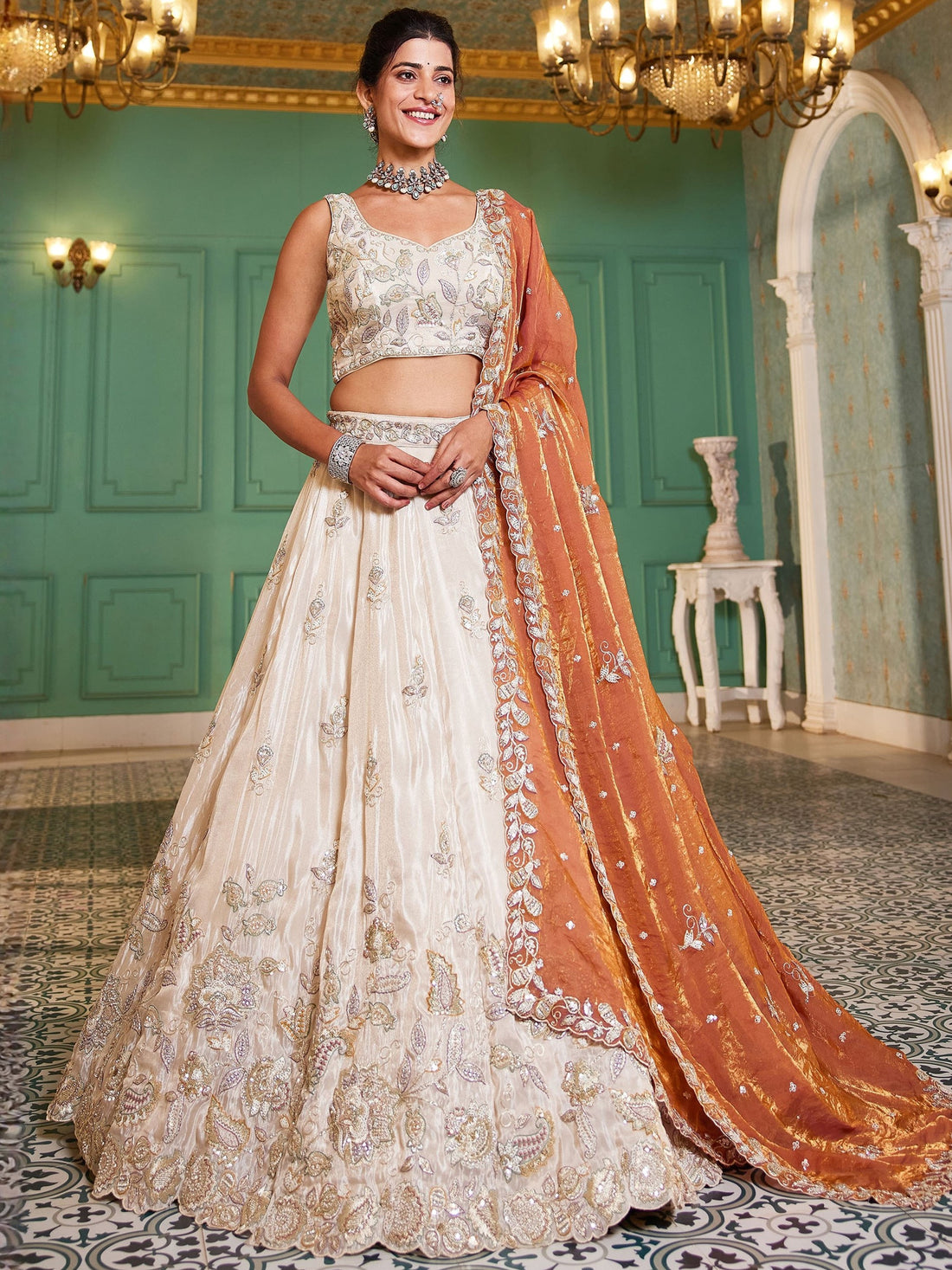 Elegant Cream Sequins Tissue weddings Wear Lehenga Choli With Dupatta