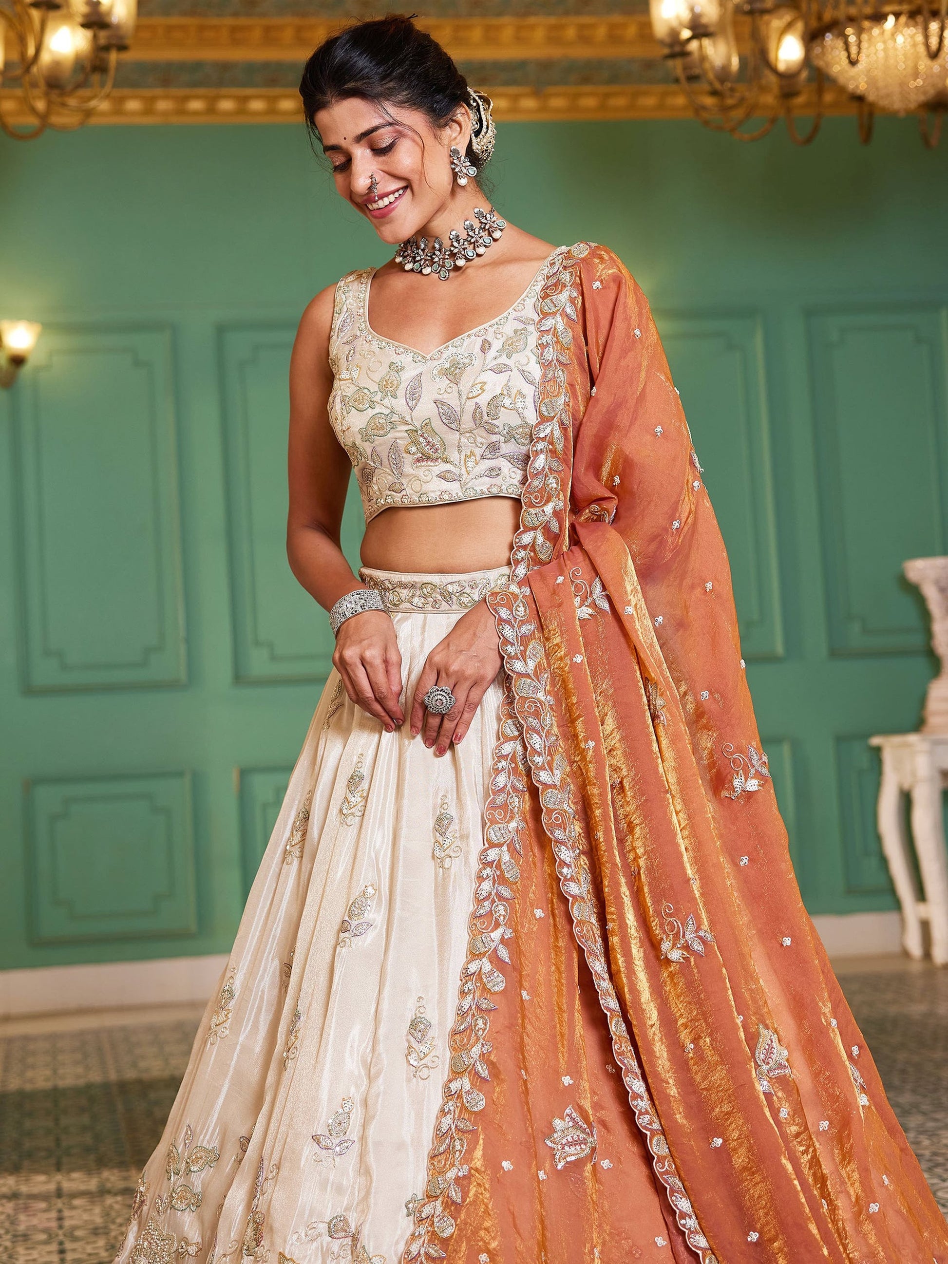 Elegant Cream Sequins Tissue weddings Wear Lehenga Choli With Dupatta