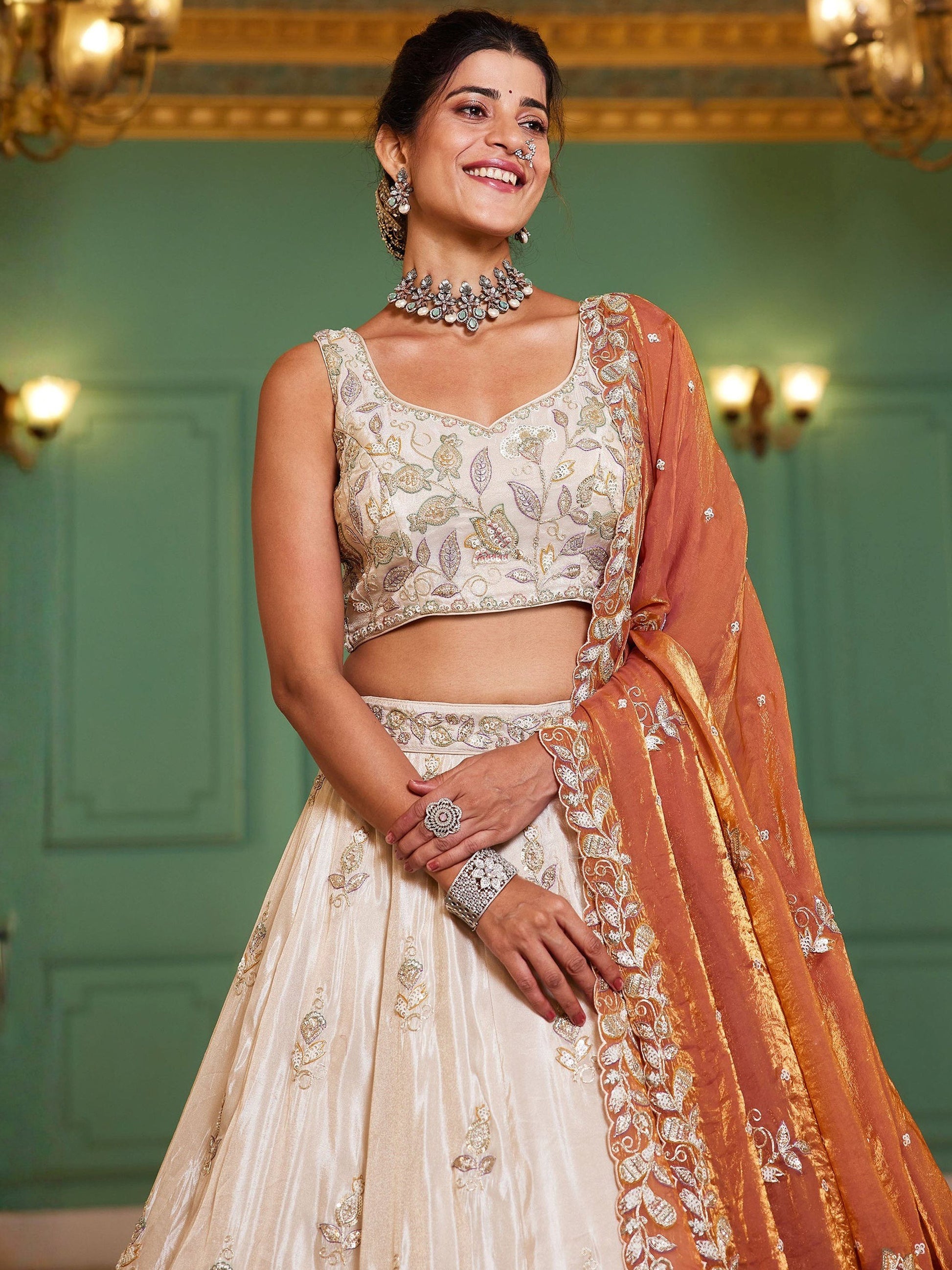 Elegant Cream Sequins Tissue weddings Wear Lehenga Choli With Dupatta