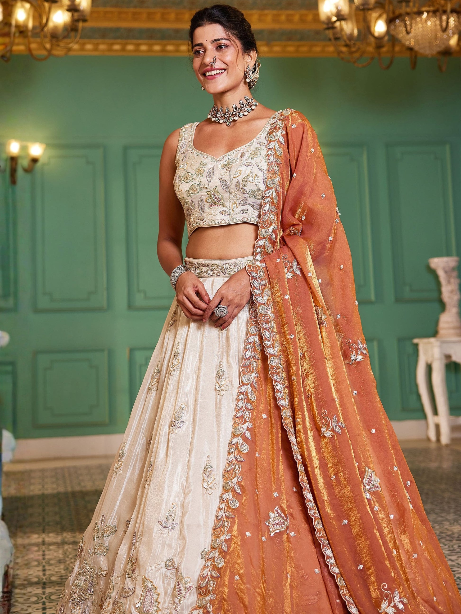Elegant Cream Sequins Tissue weddings Wear Lehenga Choli With Dupatta