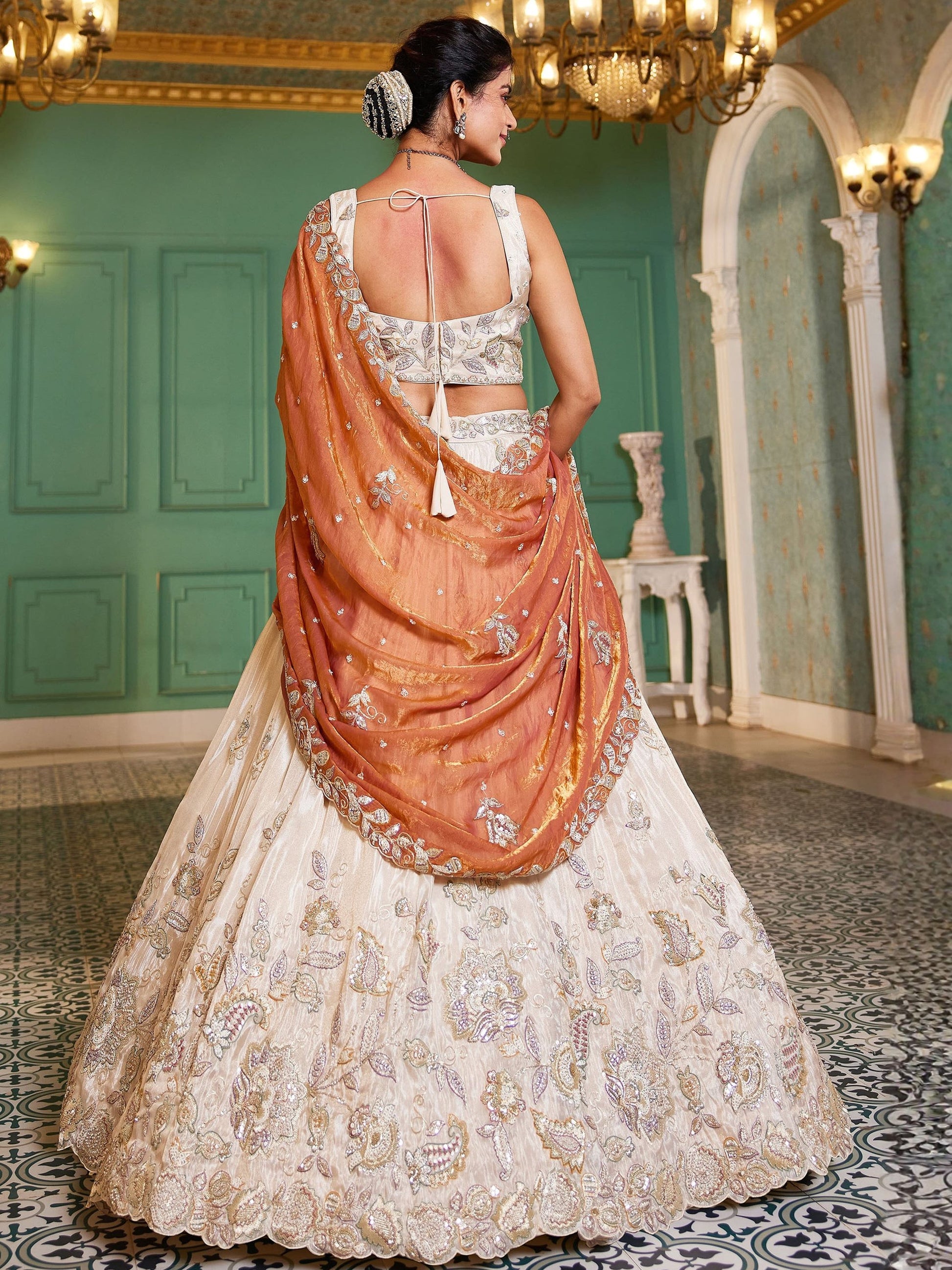 Elegant Cream Sequins Tissue weddings Wear Lehenga Choli With Dupatta