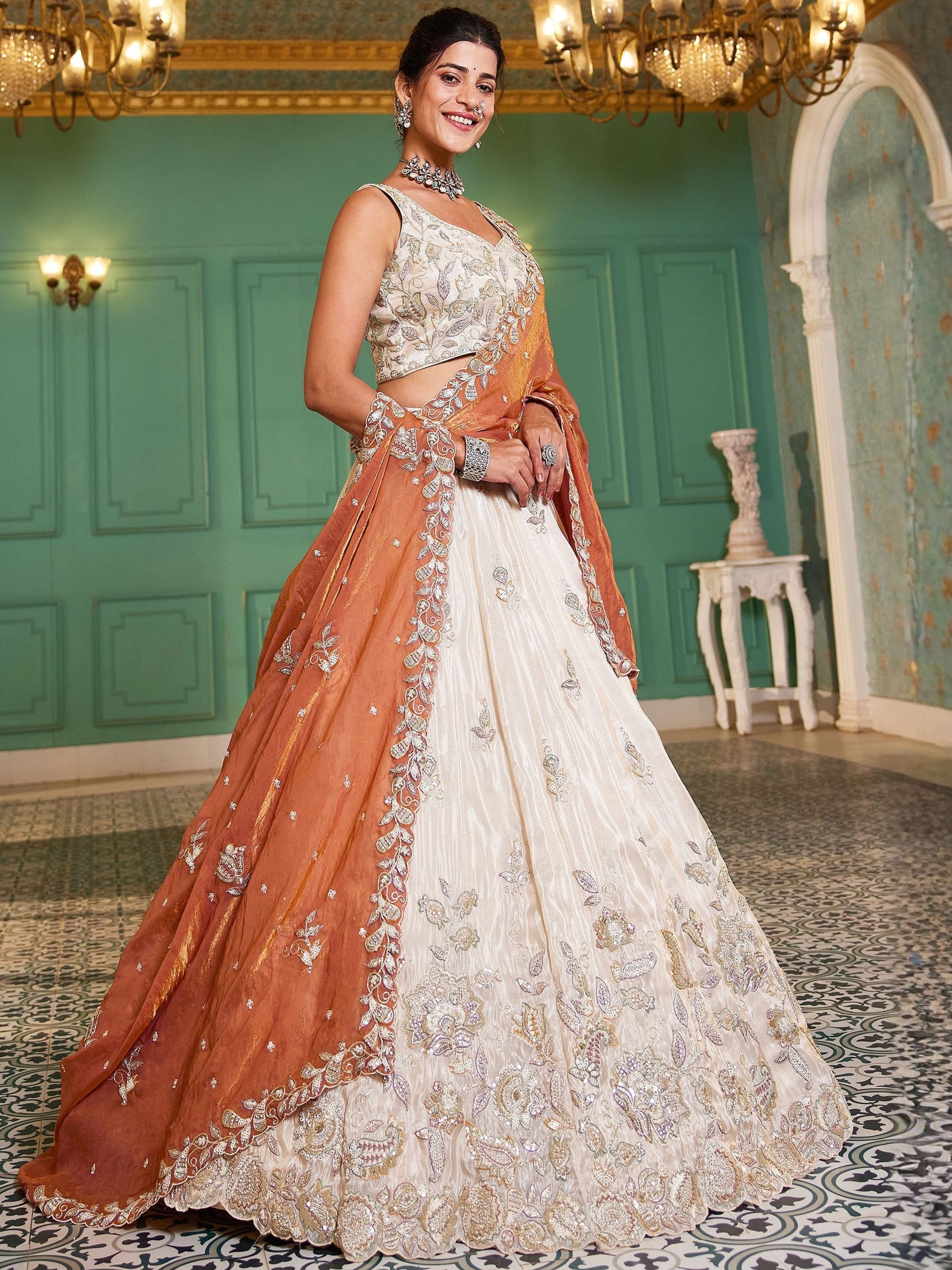 Elegant Cream Sequins Tissue weddings Wear Lehenga Choli With Dupatta