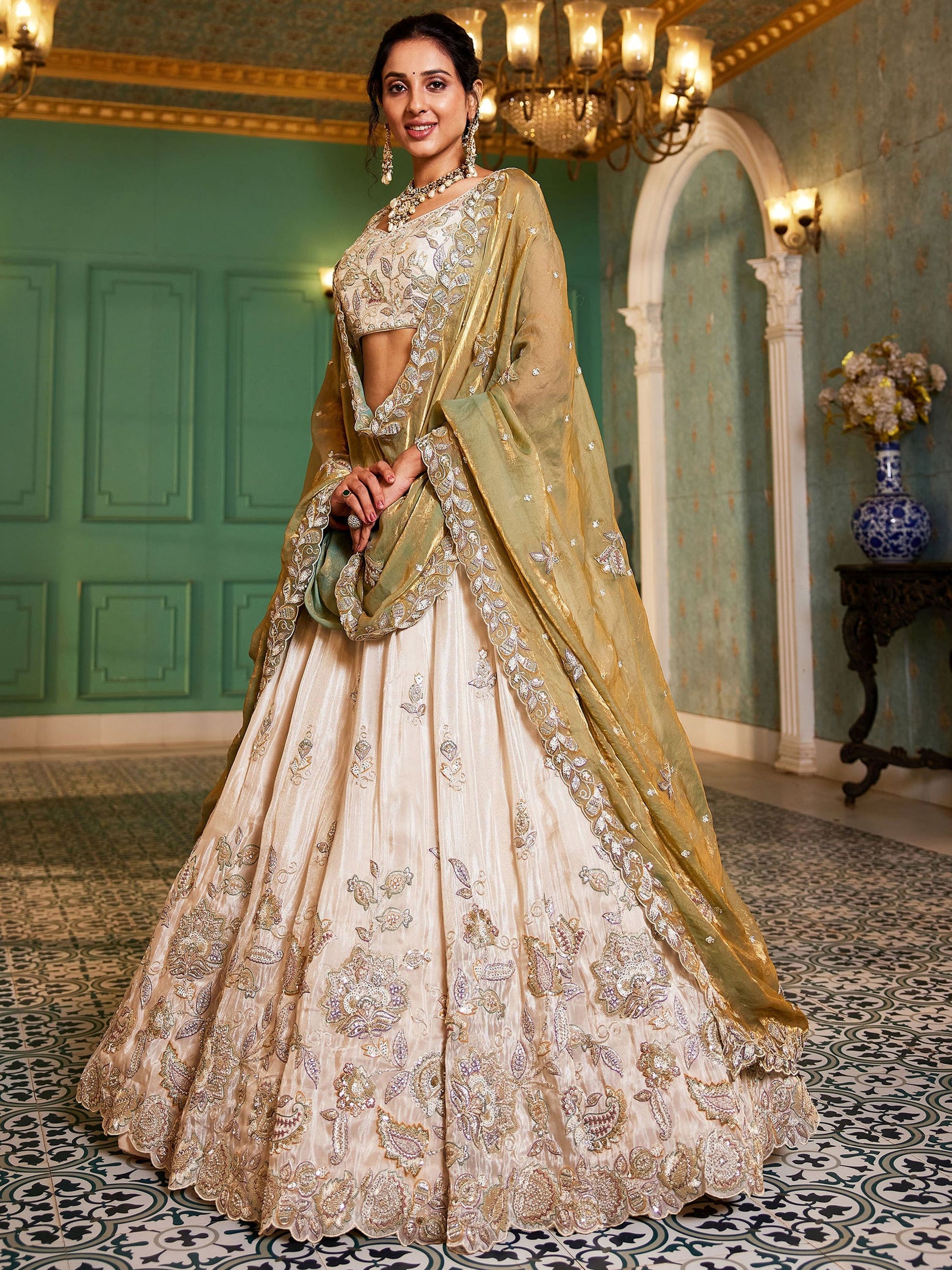 Precious Cream Zari Work Tissue Weddings Wear Lehenga Choli With Dupatta
