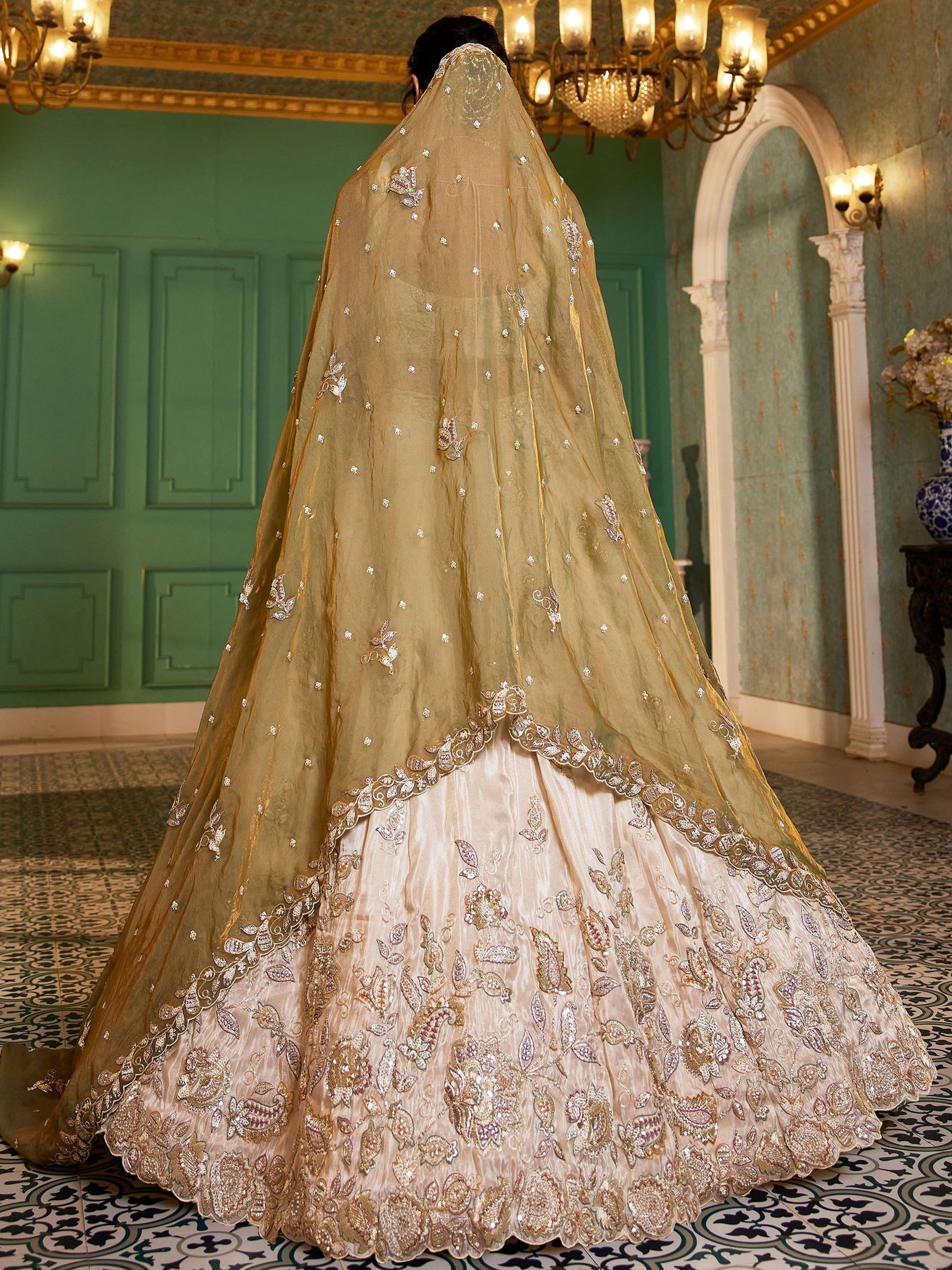 Precious Cream Zari Work Tissue Weddings Wear Lehenga Choli With Dupatta
