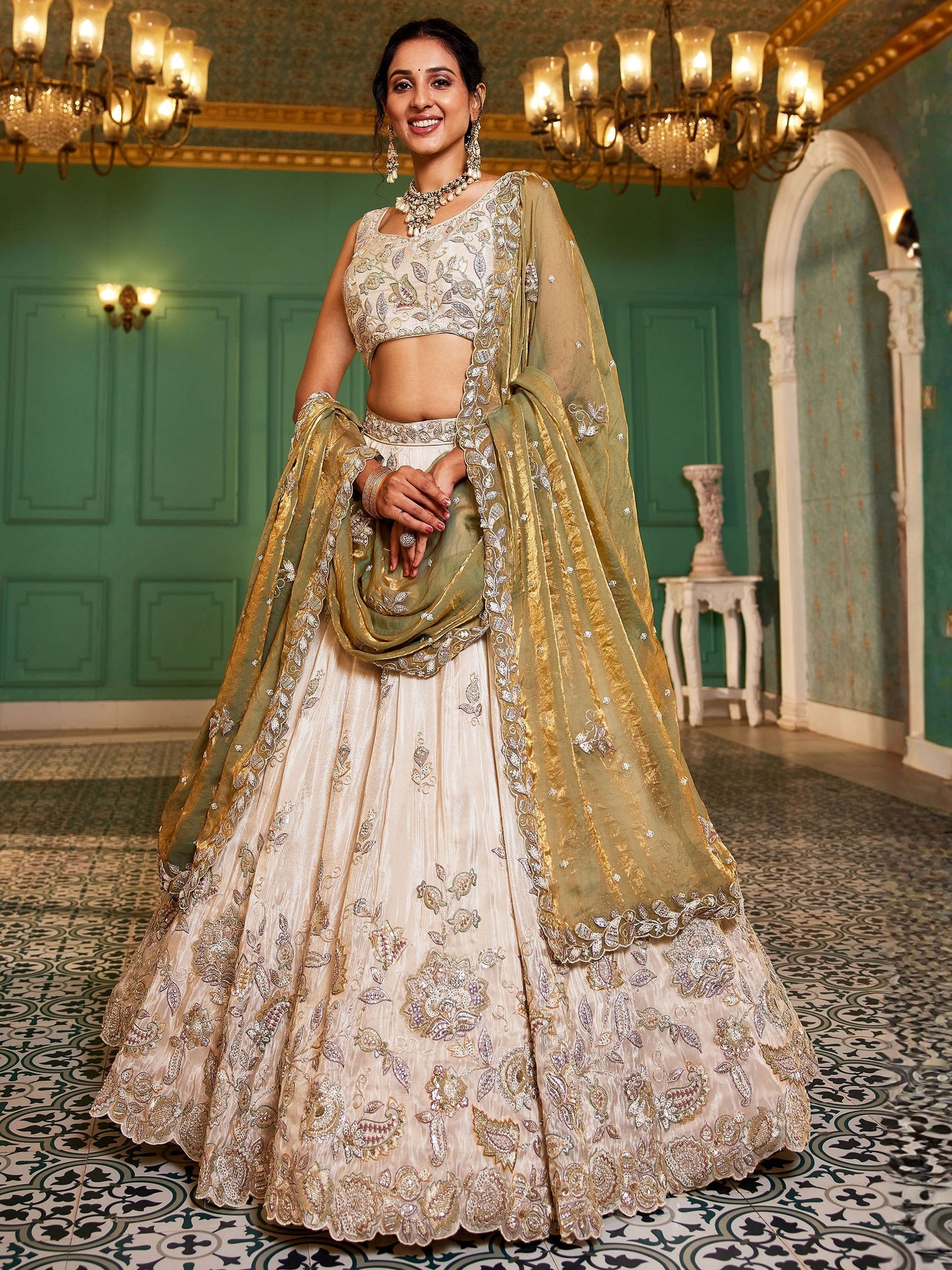 Precious Cream Zari Work Tissue Weddings Wear Lehenga Choli With Dupatta
