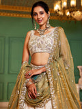 Precious Cream Zari Work Tissue Weddings Wear Lehenga Choli With Dupatta