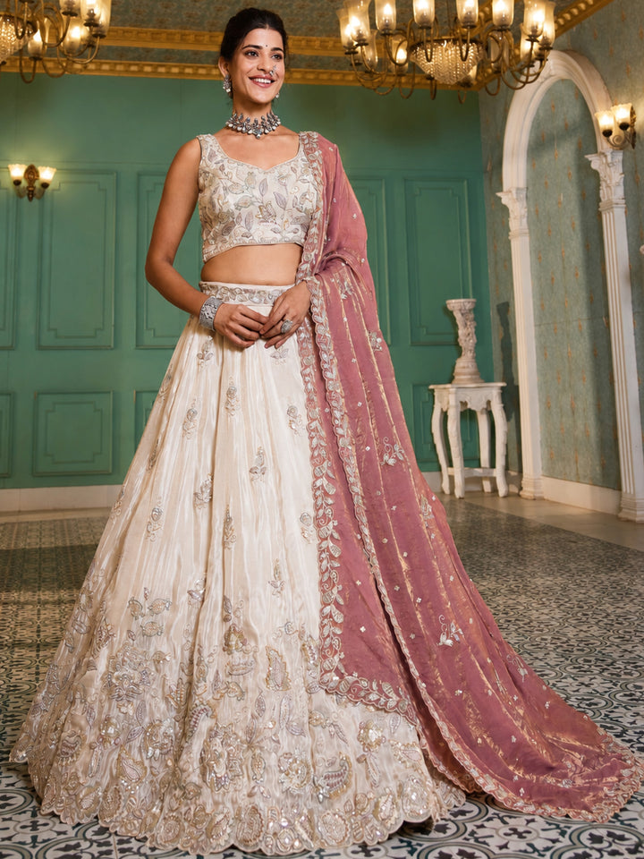 Pretty Cream Sequins Tissue weddings Wear Lehenga Choli With Dupatta
