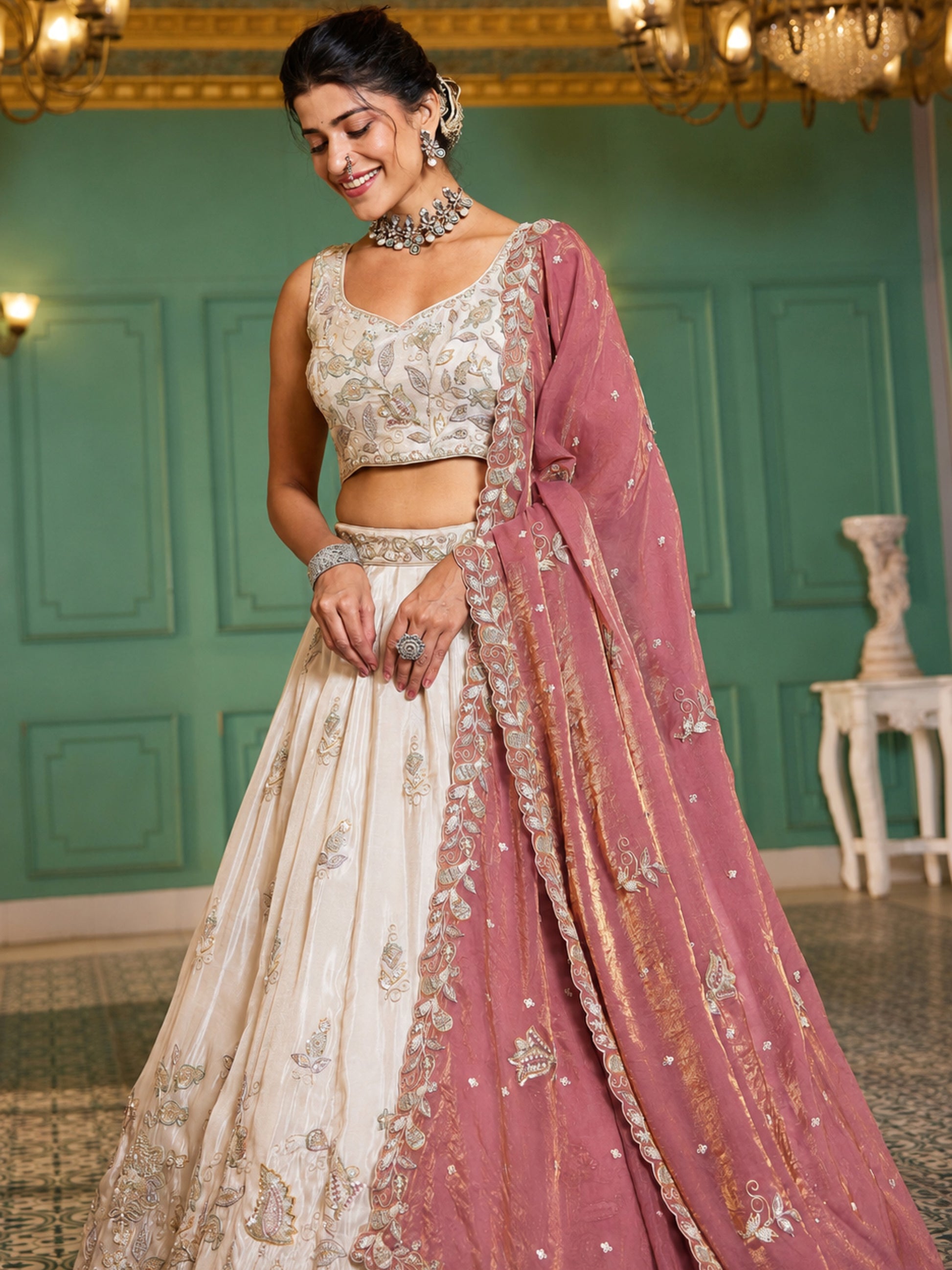 Pretty Cream Sequins Tissue weddings Wear Lehenga Choli With Dupatta