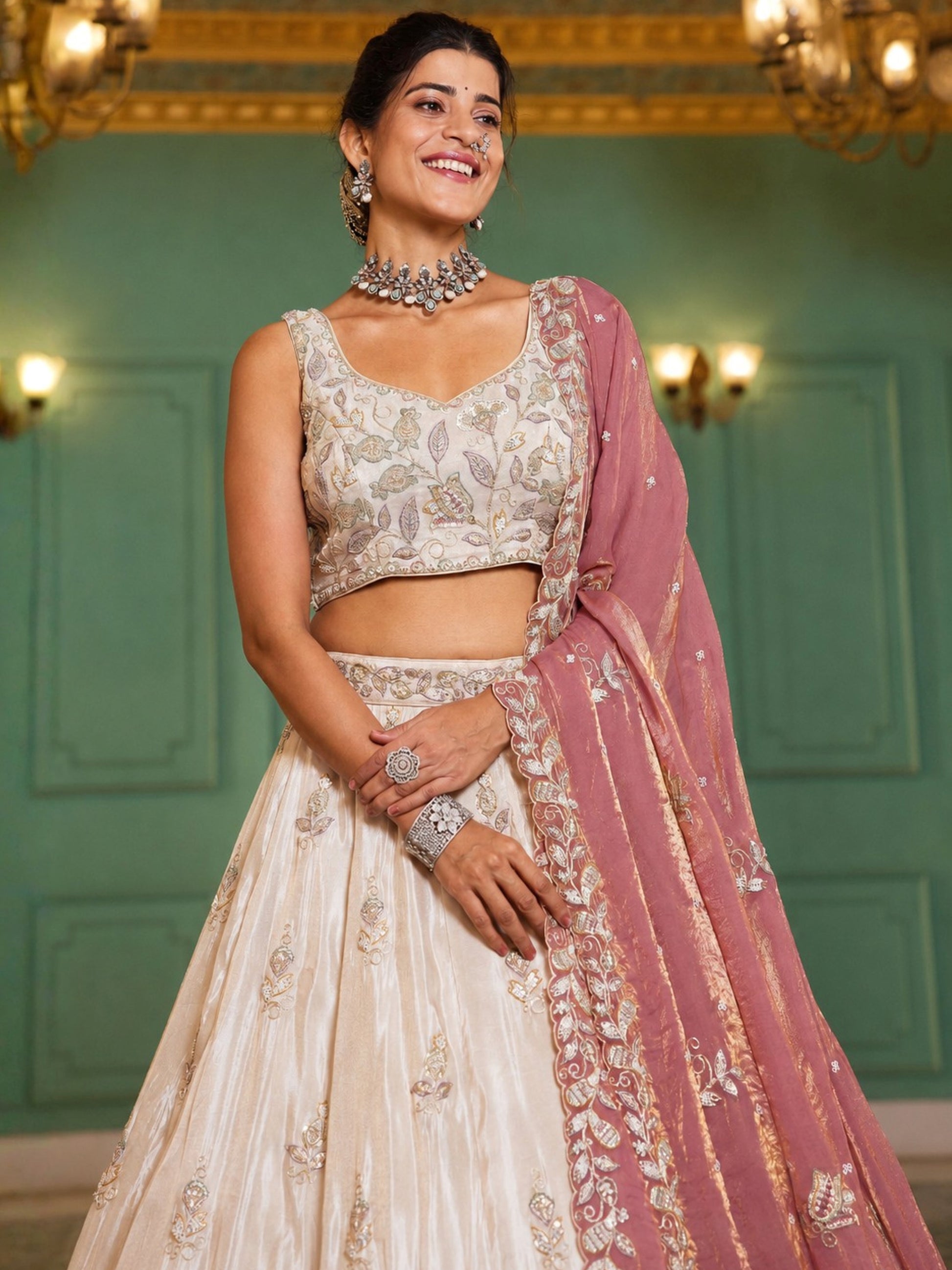 Pretty Cream Sequins Tissue weddings Wear Lehenga Choli With Dupatta