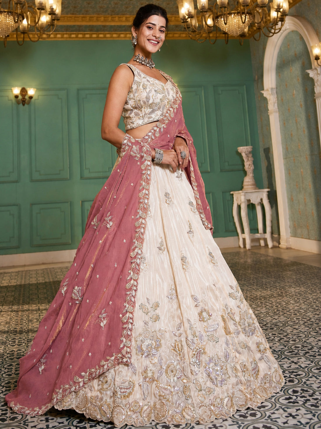 Pretty Cream Sequins Tissue weddings Wear Lehenga Choli With Dupatta