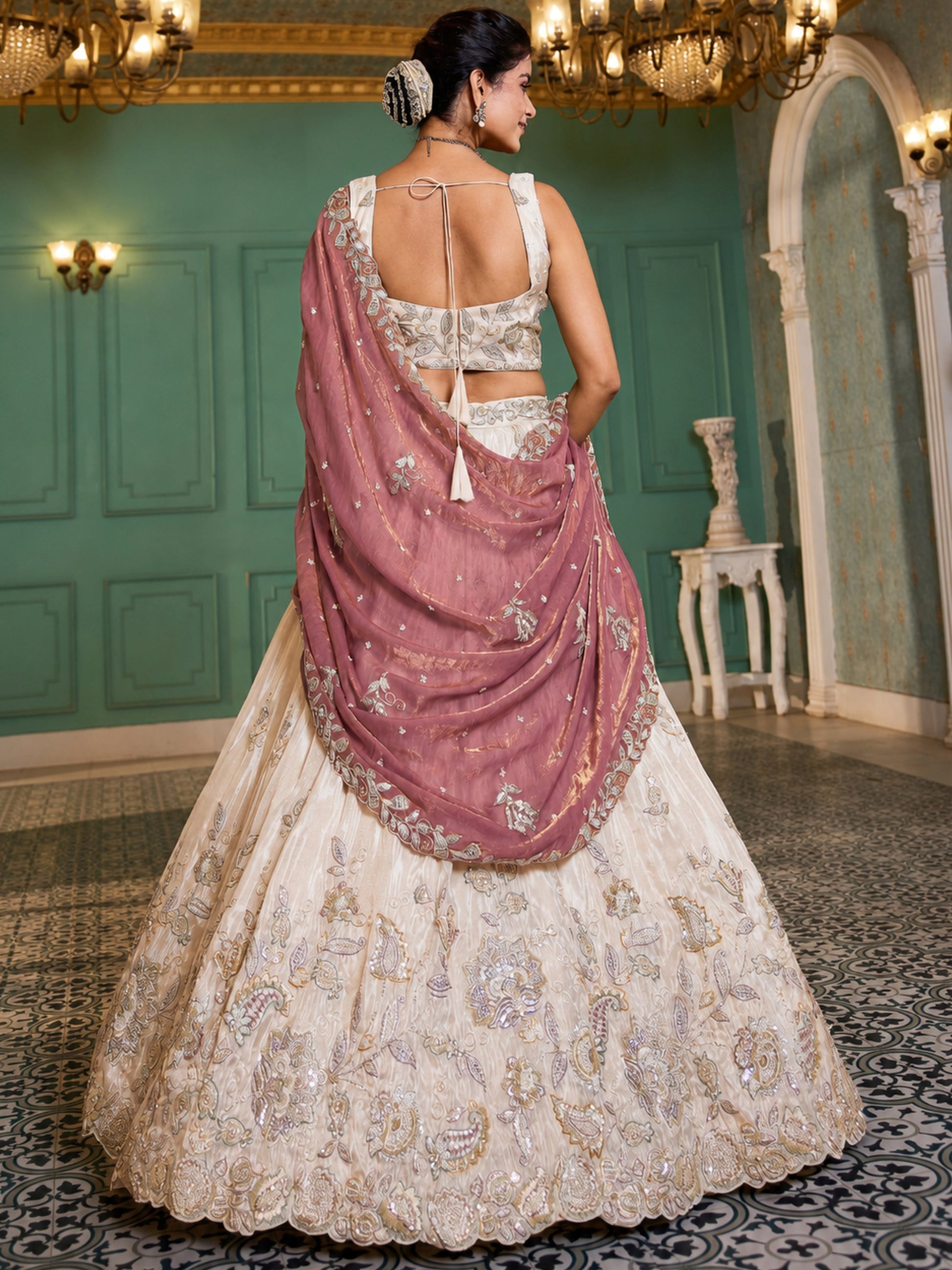 Pretty Cream Sequins Tissue weddings Wear Lehenga Choli With Dupatta