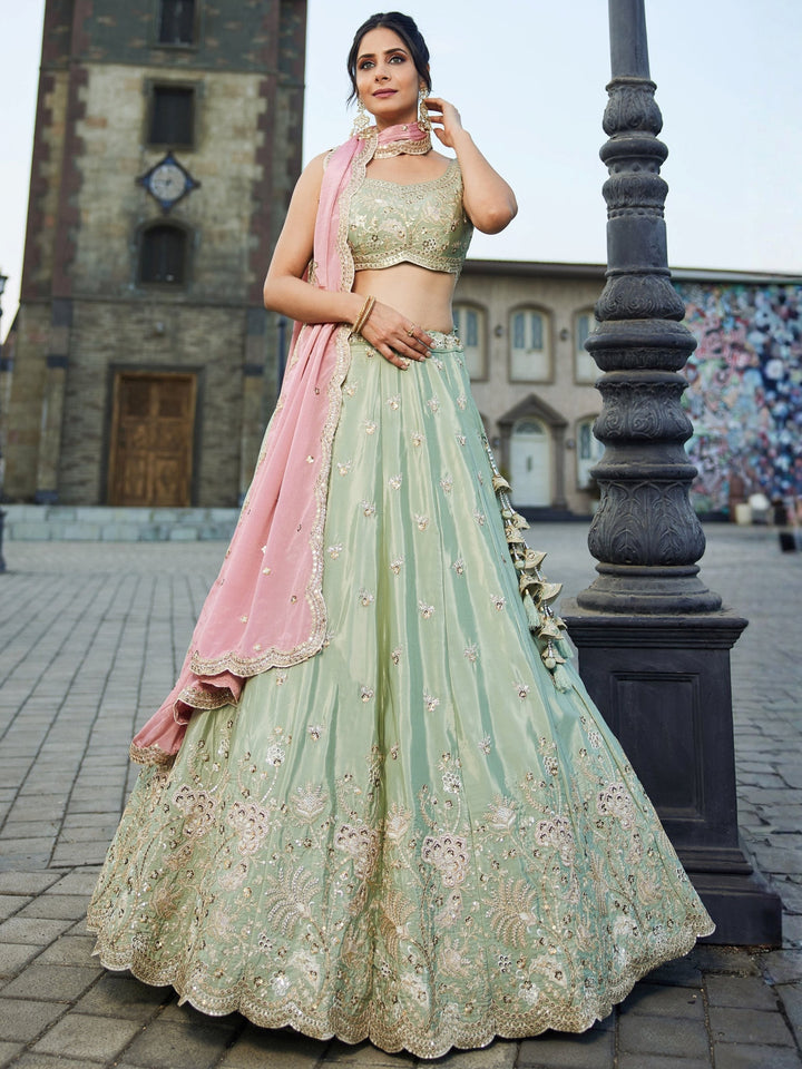 Attractive Pista Green Zari Silk Wedding Wear Lehenga Choli With Dupatta 