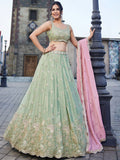 Attractive Pista Green Zari Silk Wedding Wear Lehenga Choli With Dupatta 