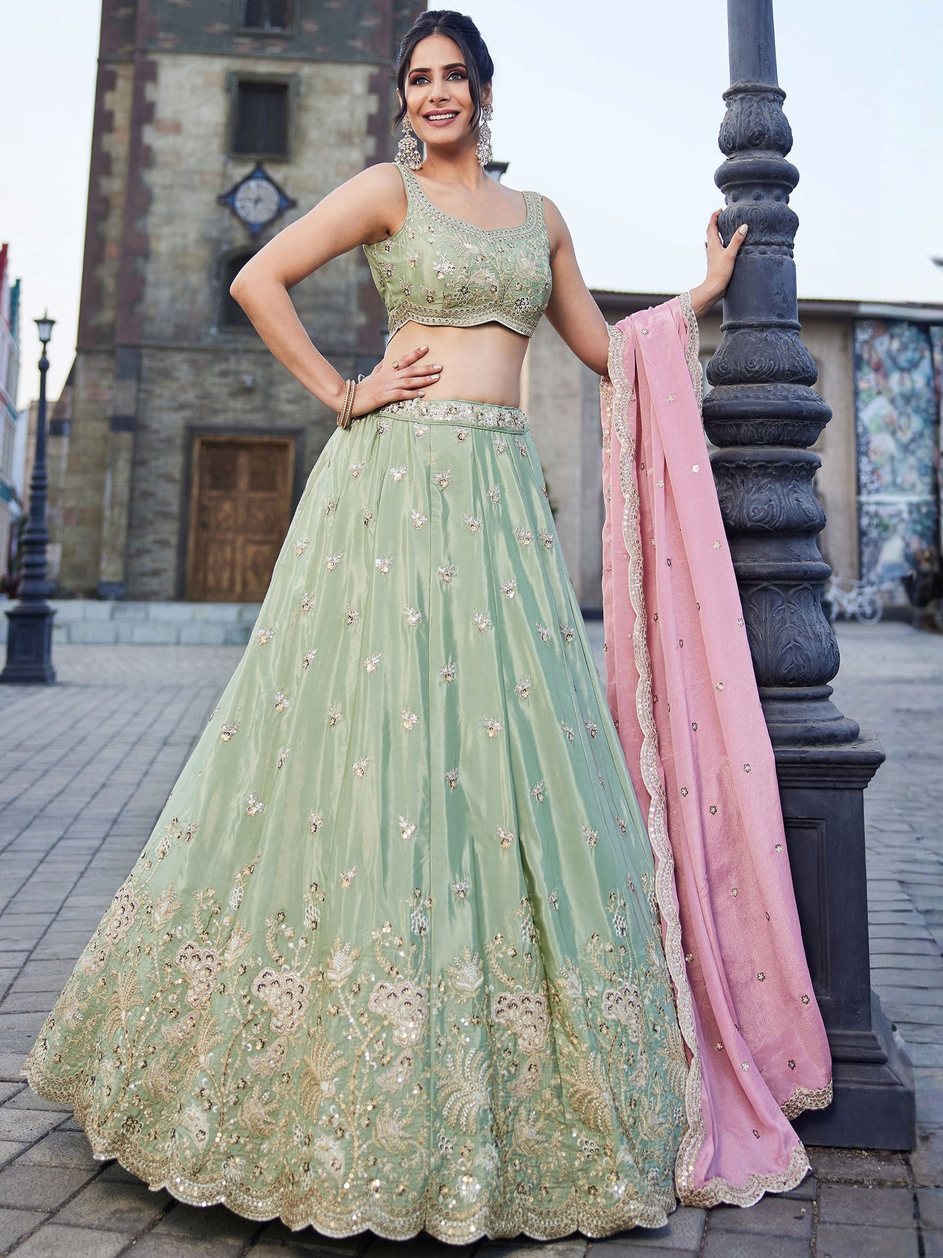 Attractive Pista Green Zari Silk Wedding Wear Lehenga Choli With Dupatta 