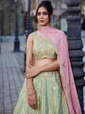 Attractive Pista Green Zari Silk Wedding Wear Lehenga Choli With Dupatta 