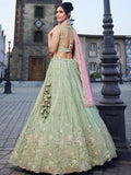 Attractive Pista Green Zari Silk Wedding Wear Lehenga Choli With Dupatta 