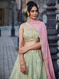 Attractive Pista Green Zari Silk Wedding Wear Lehenga Choli With Dupatta 