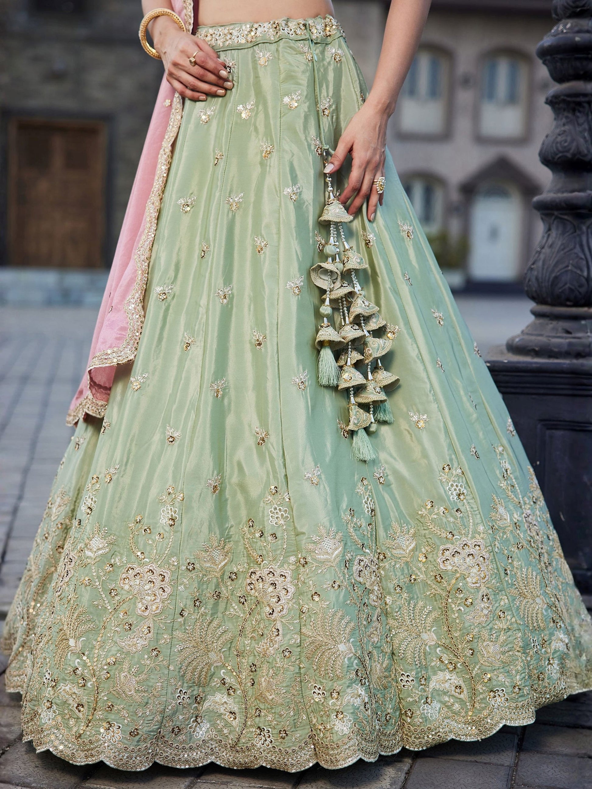 Attractive Pista Green Zari Silk Wedding Wear Lehenga Choli With Dupatta 