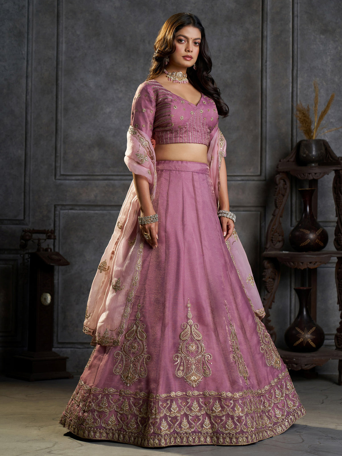 Stunning Mauve Zari Embroidered Organza Wedding Wear Lehenga Choli
