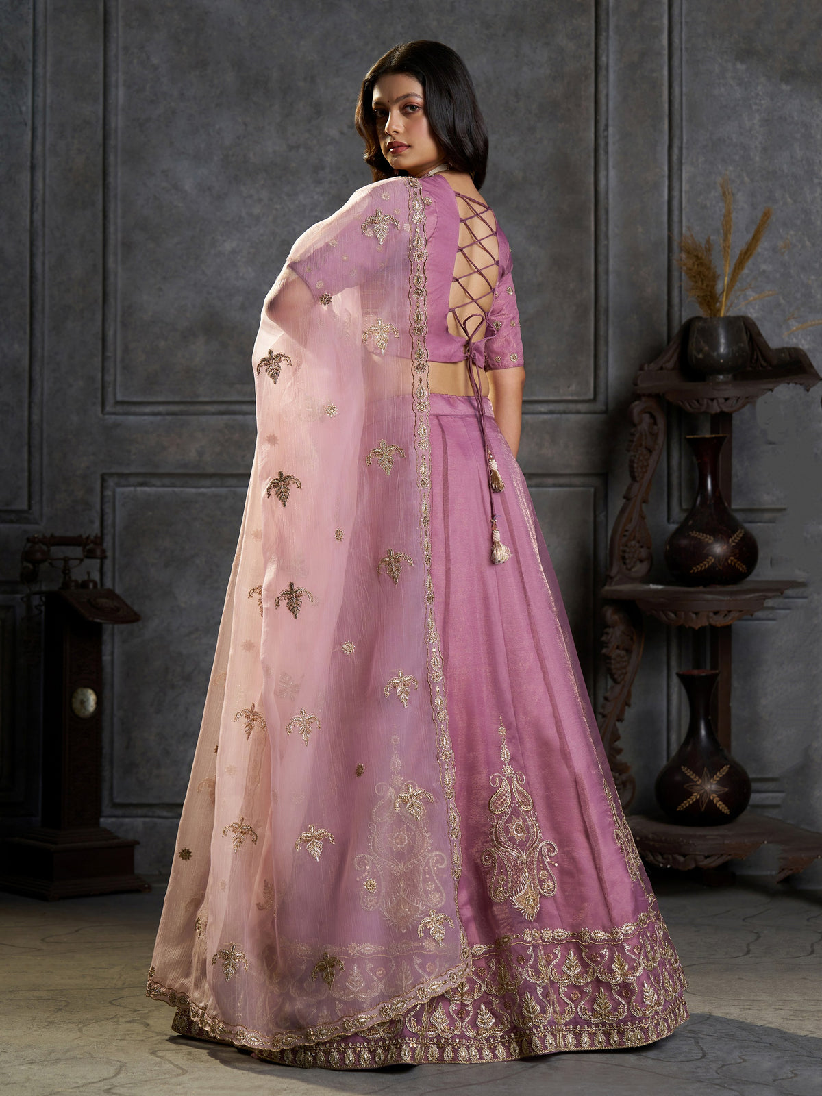 Stunning Mauve Zari Embroidered Organza Wedding Wear Lehenga Choli