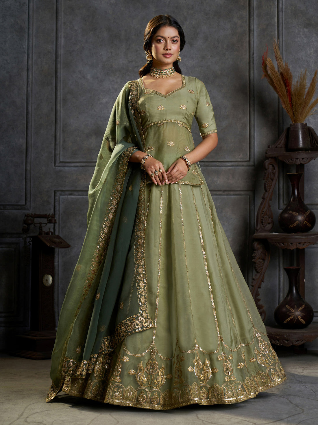 Elegant Green Zari Embroidered Organza Mehndi Wear Lehenga Choli