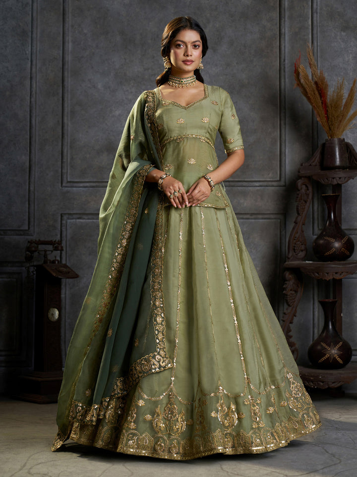 Elegant Green Zari Embroidered Organza Mehndi Wear Lehenga Choli