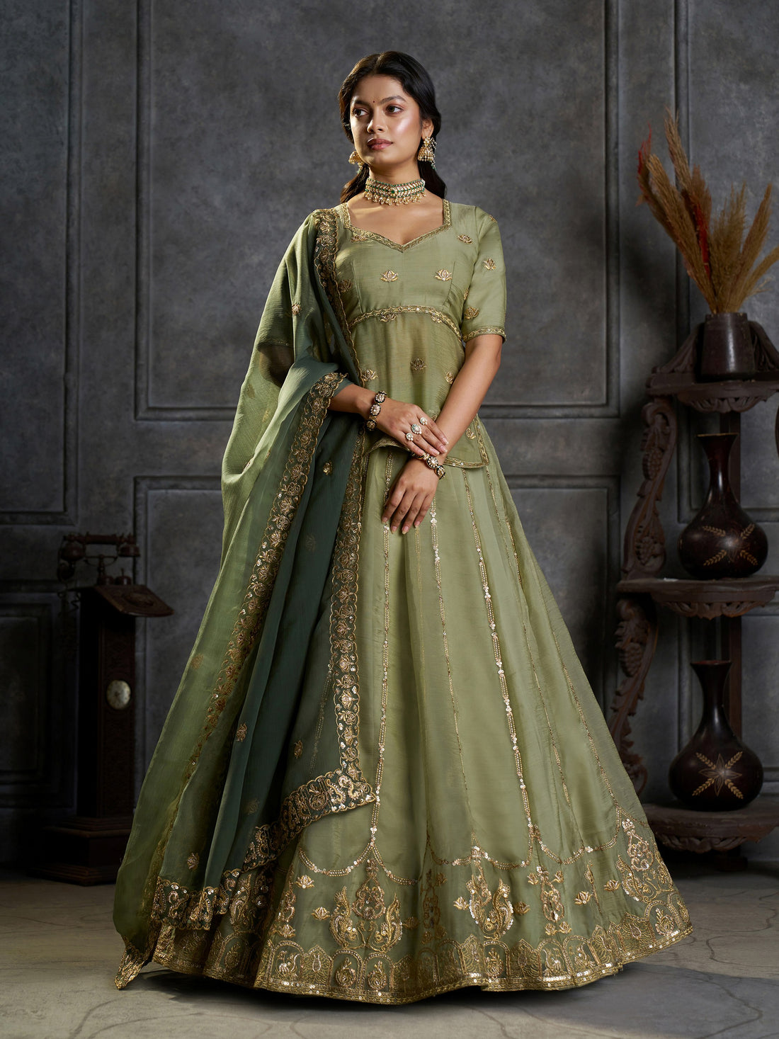 Elegant Green Zari Embroidered Organza Mehndi Wear Lehenga Choli