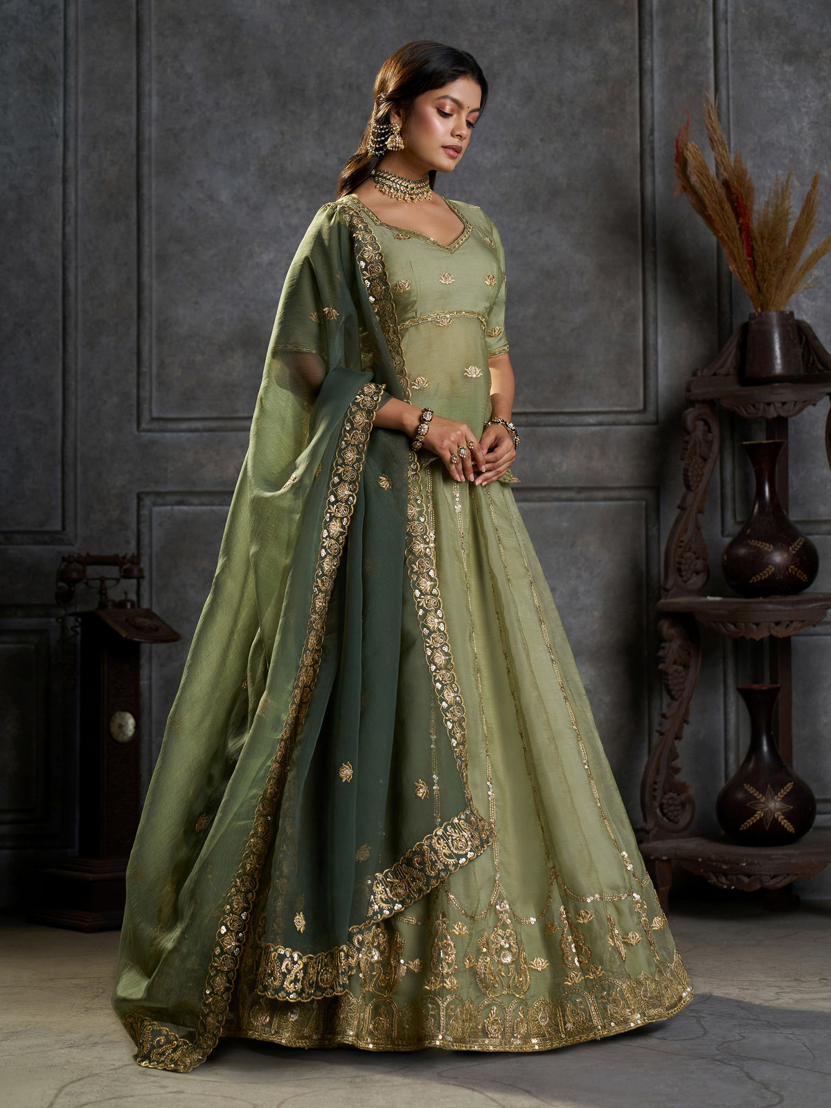 Elegant Green Zari Embroidered Organza Mehndi Wear Lehenga Choli